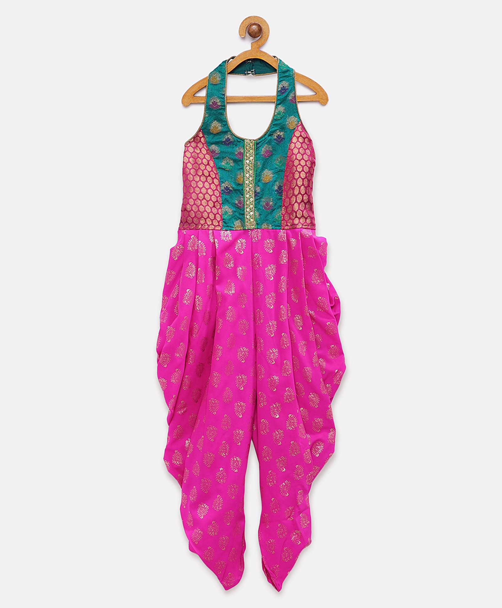 Twisha Woven Sleeveless Sequins Embellished Jumpsuit - Pink & Rama Green-picture-16