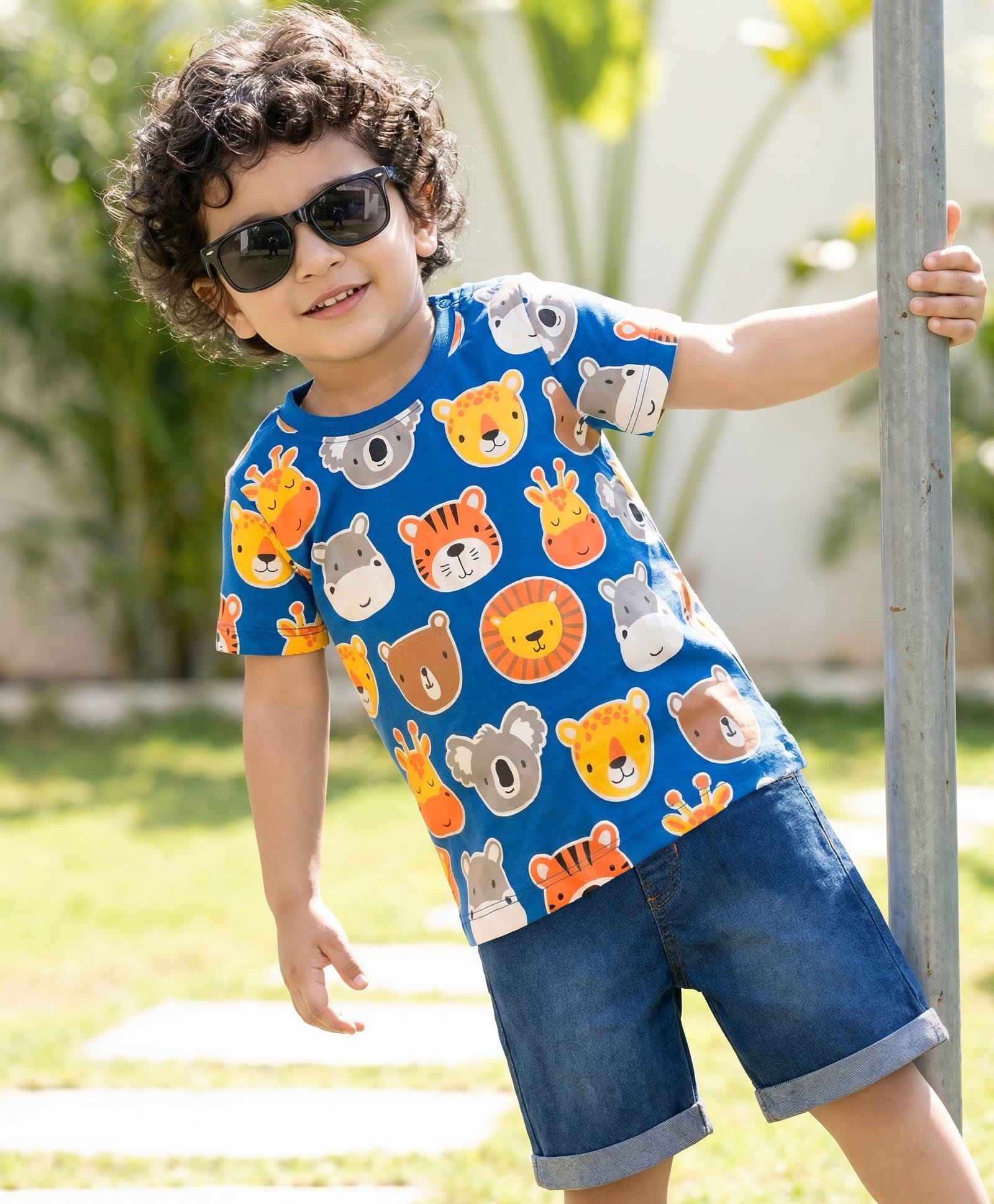 Babyhug Single Jersey Knit Half Sleeves T-Shirt & Denim Shorts Set With Animal Print - Multicolor-image-38