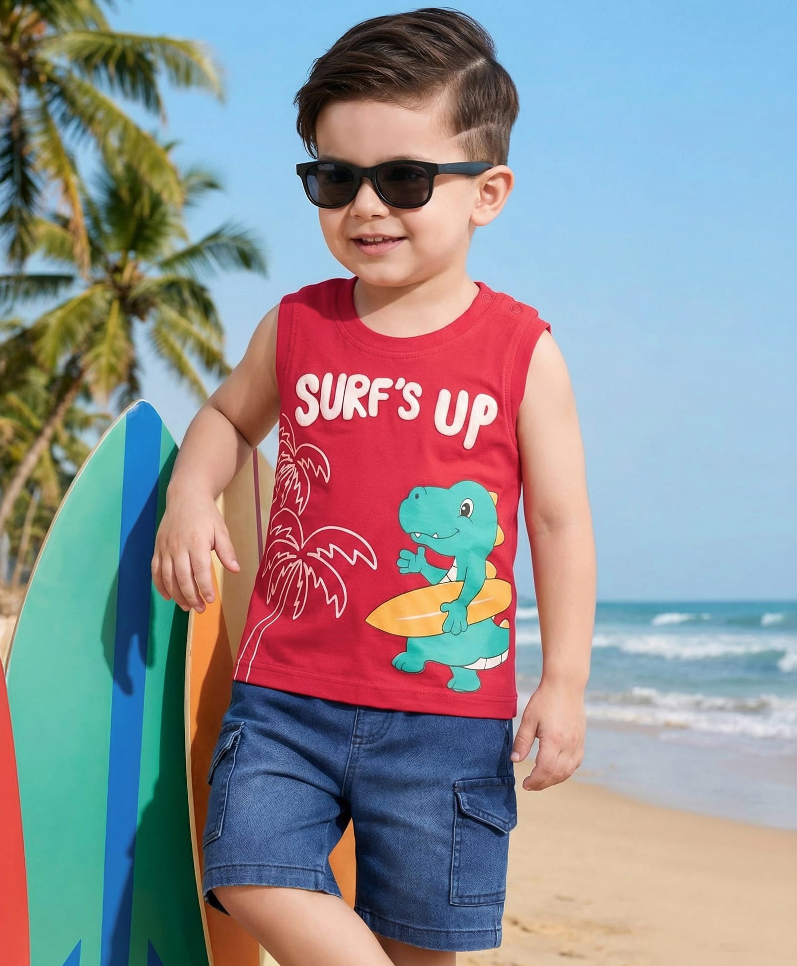Babyhug Single Jersey Knit Sleeveless Text & Dino Printed T-Shirt & Denim Shorts with Cargo Pockets - Red & Blue-image-31
