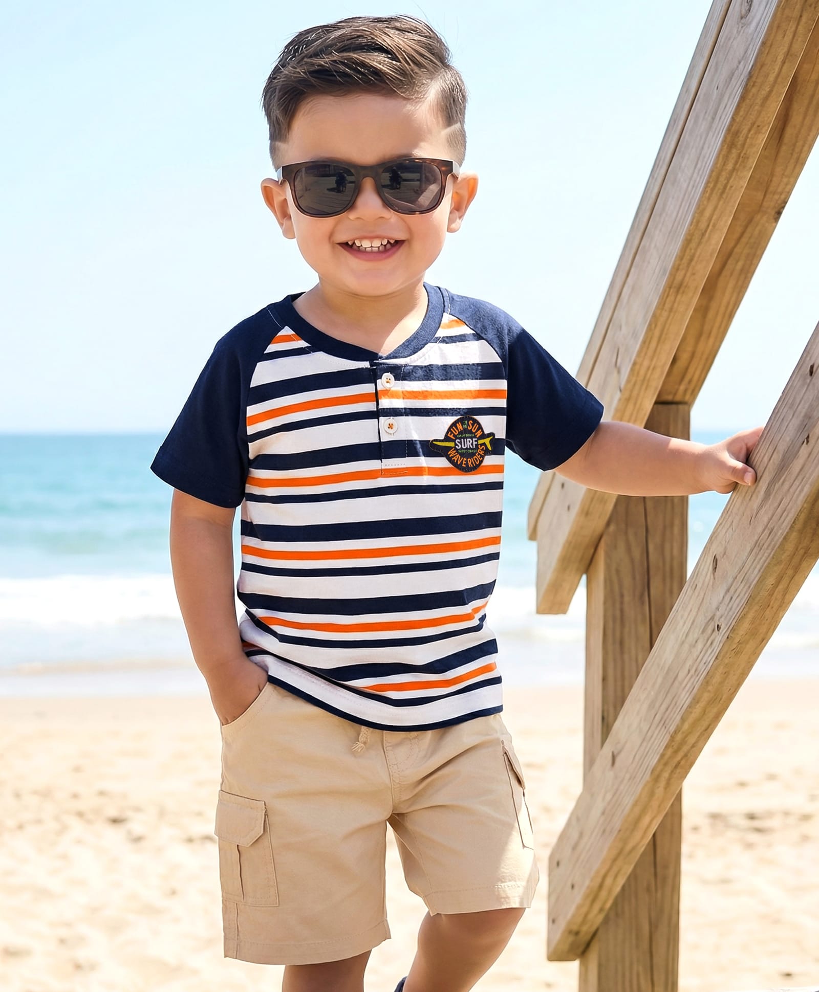 Babyhug Single Jersey Knit Half Raglan Sleeves Striped T-Shirt with Patch & Shorts - Navy Blue & Beige-image-41