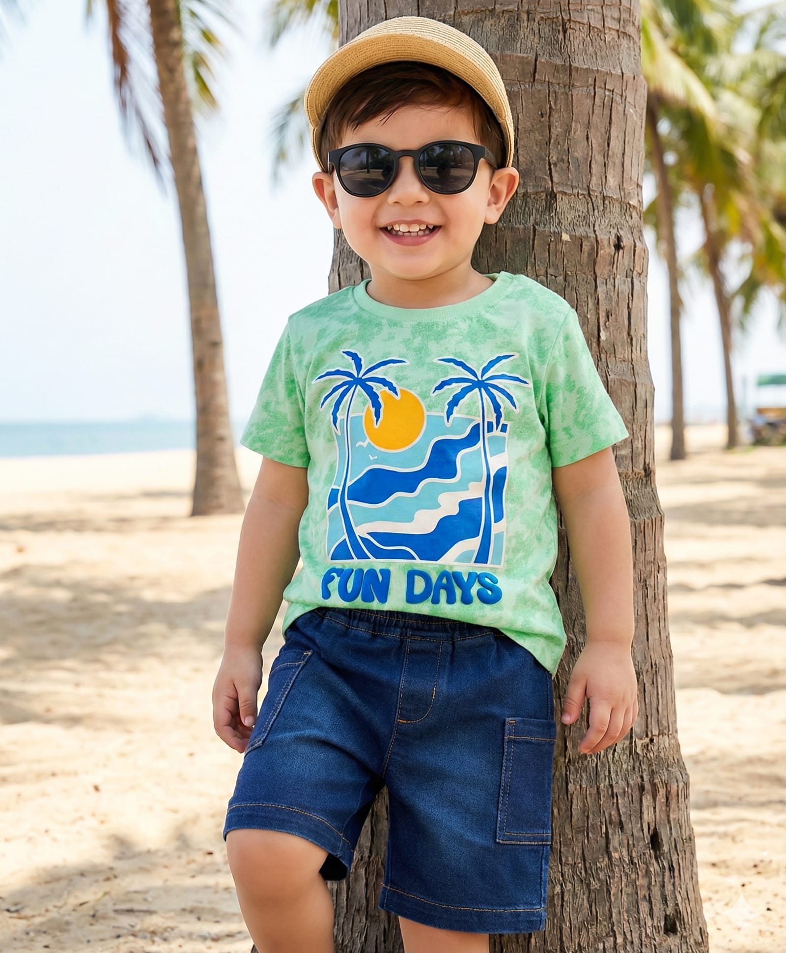Babyhug Single Jersey Knit Half Sleeves T-Shirt & Denim Shorts Set With Beach Print - Multicolor-picture-26