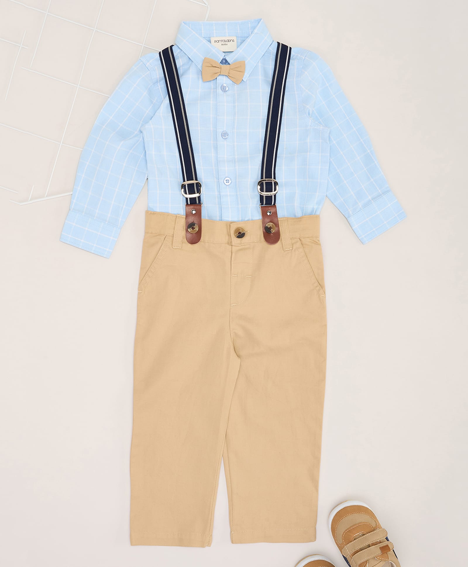 Pantaloons Baby Cotton Woven Full Sleeves Checked Shirt & Pant With Suspender & Bow - Blue-image-25