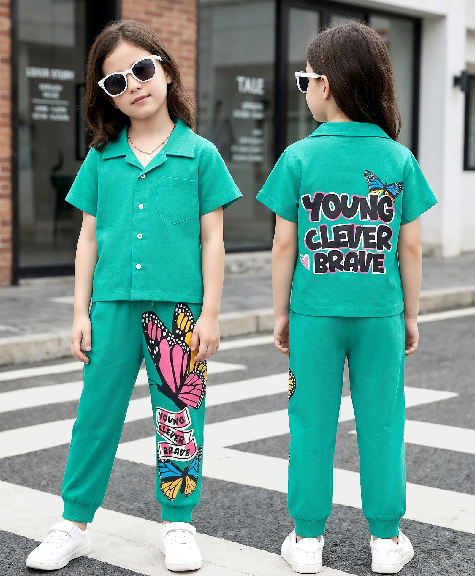 OLLINGTON ST. Cotton Knit Half Sleeves Shirt Top & Joggers Set With Print - Green-image-16
