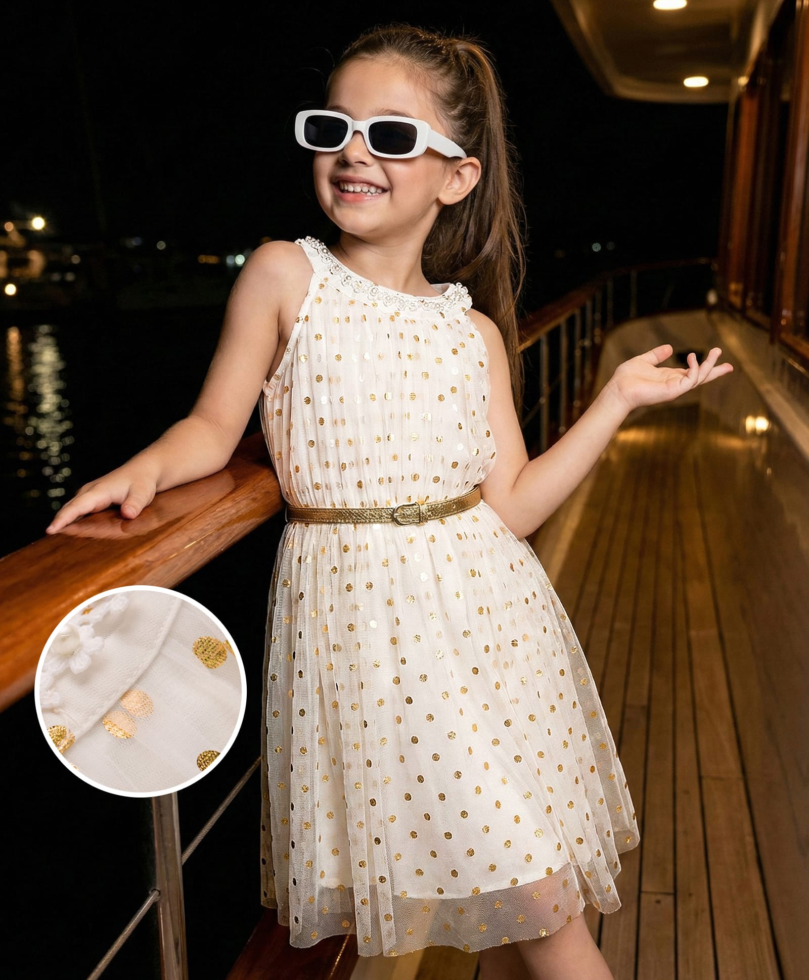 Hola Bonita Knit Sleeveless Glitter Mesh Party Dress With Foil Polka Dot Print & Floral Lace Detailing - Off White-image-21