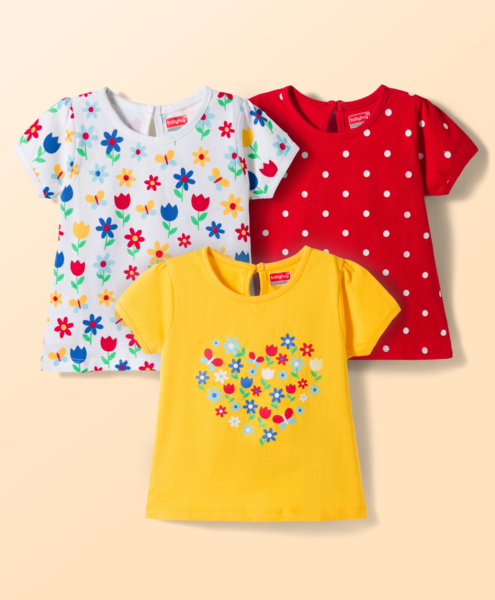 Babyhug Cotton Knit Half Sleeves T-Shirts with Floral & Polka Dots Graphics Pack of 3 - Multicolor-image-38
