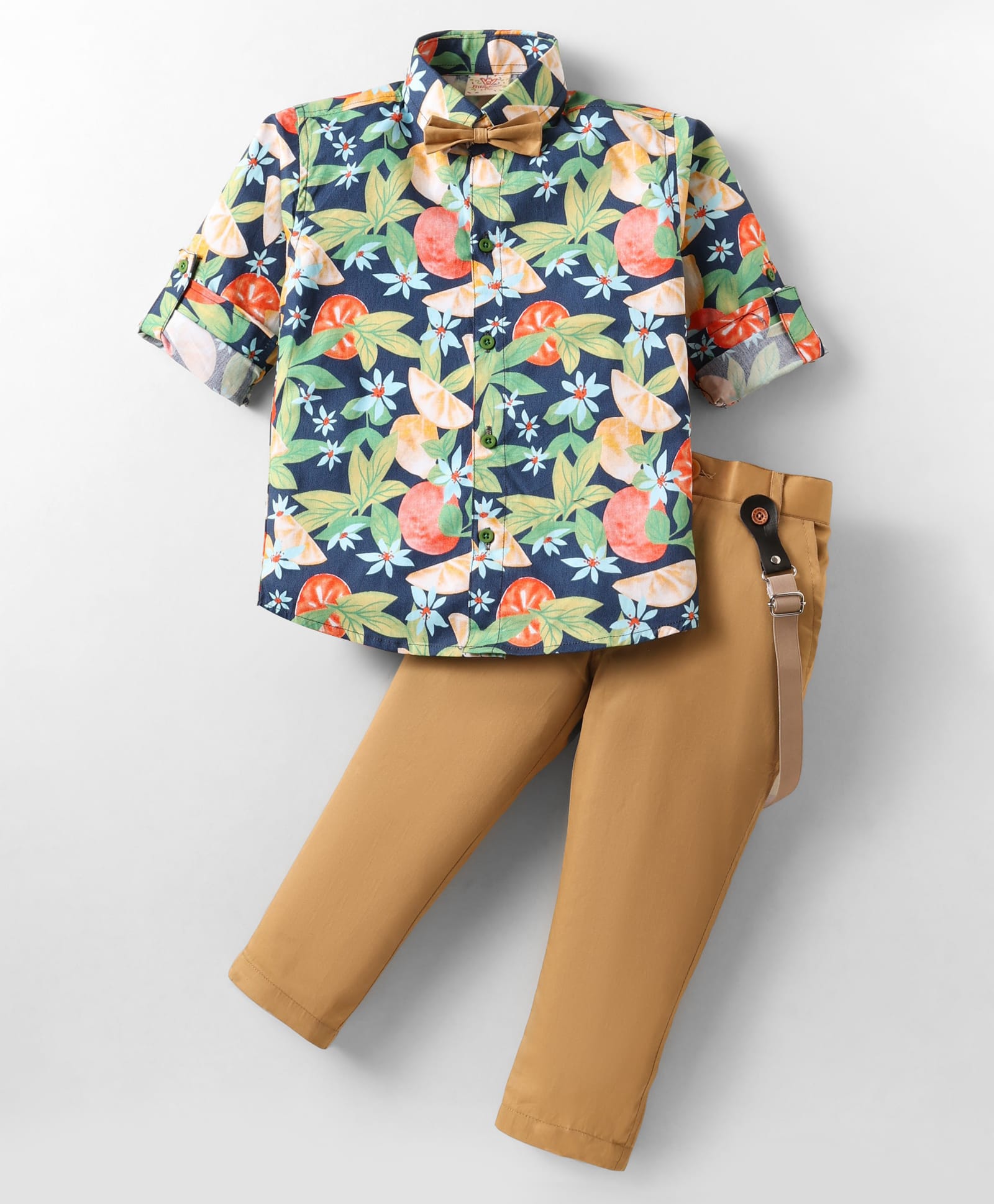 Rikidoos Cotton Woven Full Sleeves Floral Printed Party Shirt & Trouser Set With Bow & Suspender - Blue-picture-20