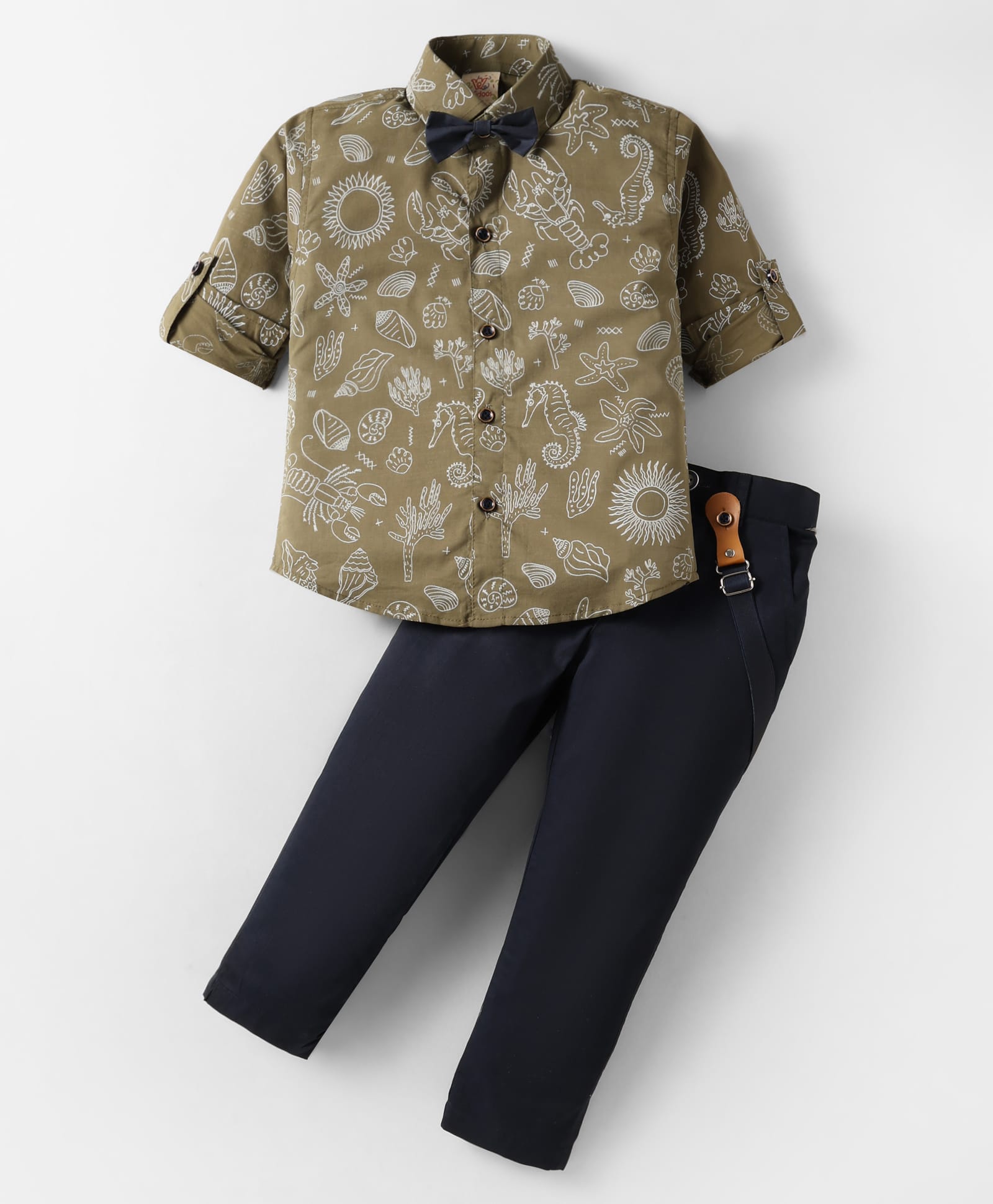 Rikidoos Cotton Woven Full Sleeves Floral Printed Party Shirt & Trouser Set With Bow & Suspender - Olive Green & Black-picture-26