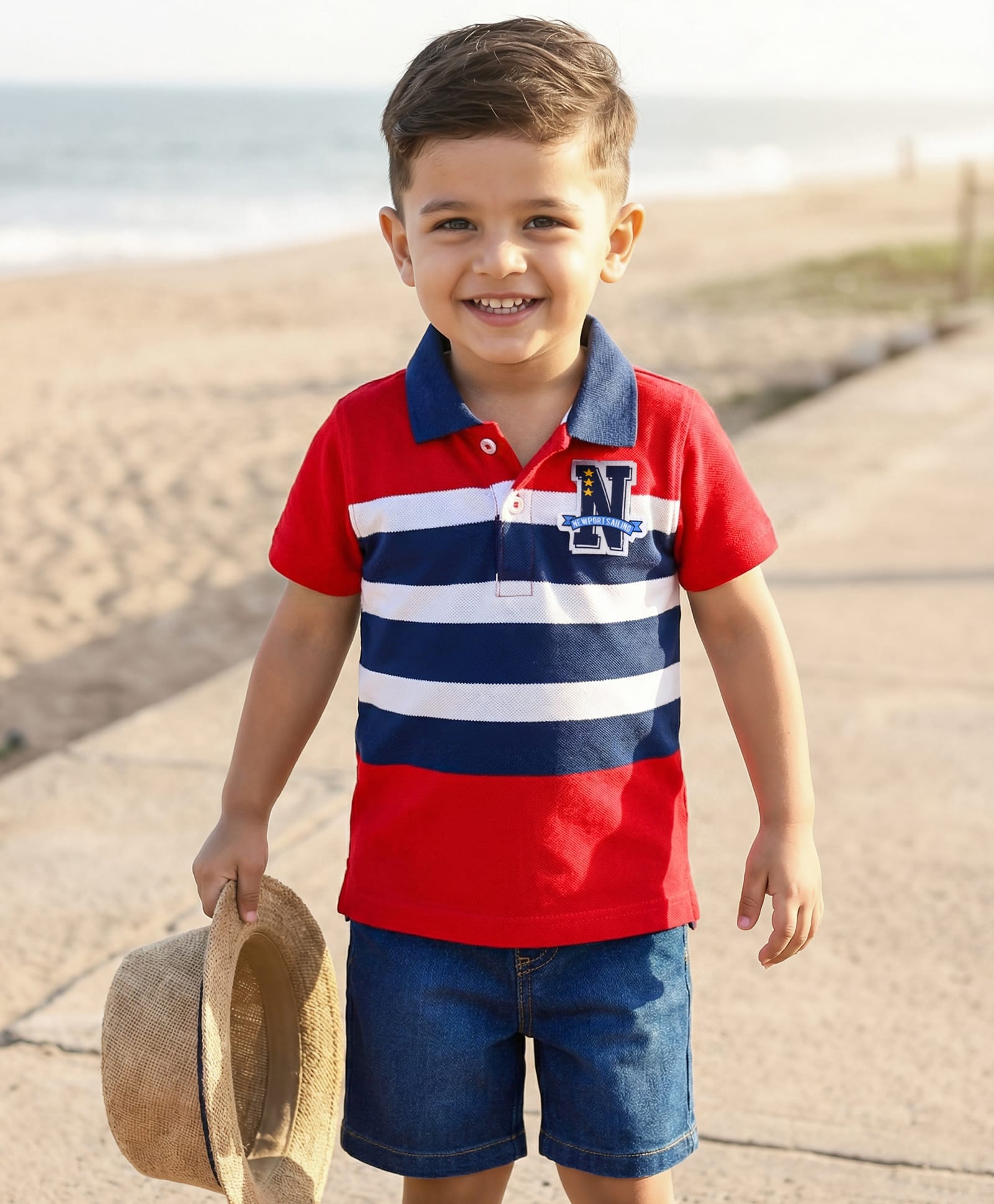 Babyhug Single Jersey Knit Half Sleeves Polo T-Shirt & Denim Shorts Set with N Patch Detailing & Stripes - Blue-picture-25