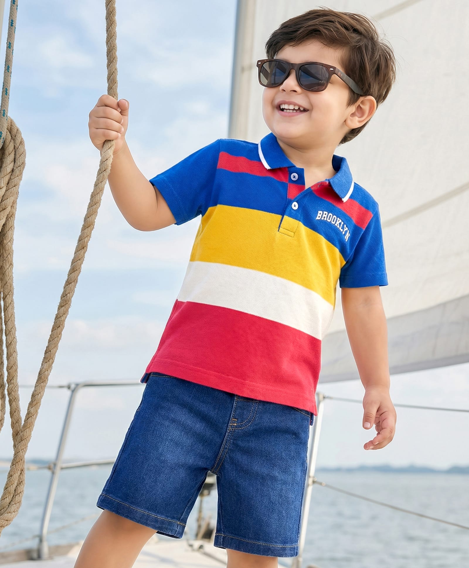 Babyhug Single Jersey Knit Half Sleeves Polo T-Shirt & Denim Shorts Set with Brooklyn Print & Color Block - Blue-picture-38