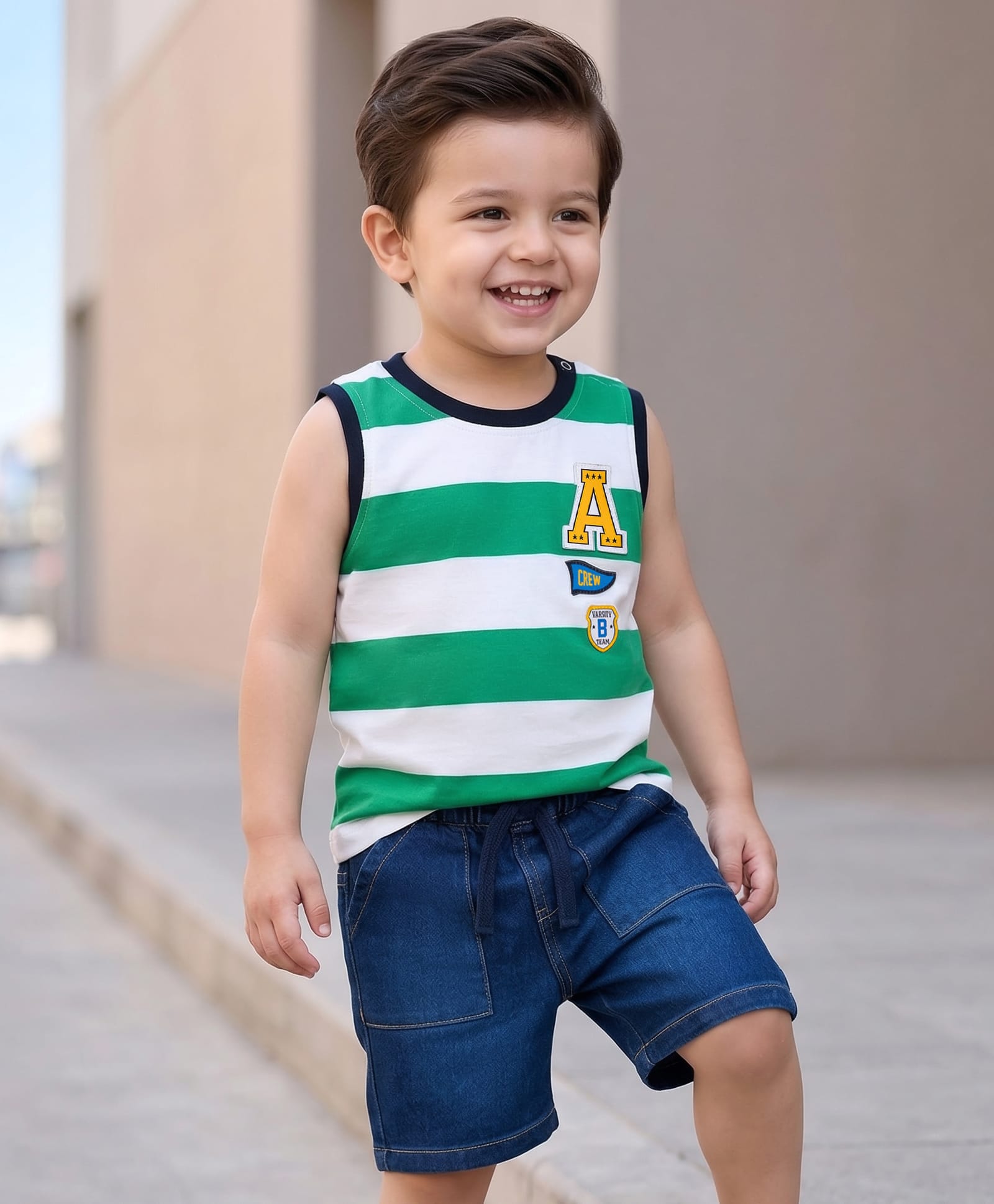 Babyhug Single Jersey Knit Sleeveless T-Shirt & Denim Shorts Set with Patch Detailing & Stripes - Blue & Green-image-10