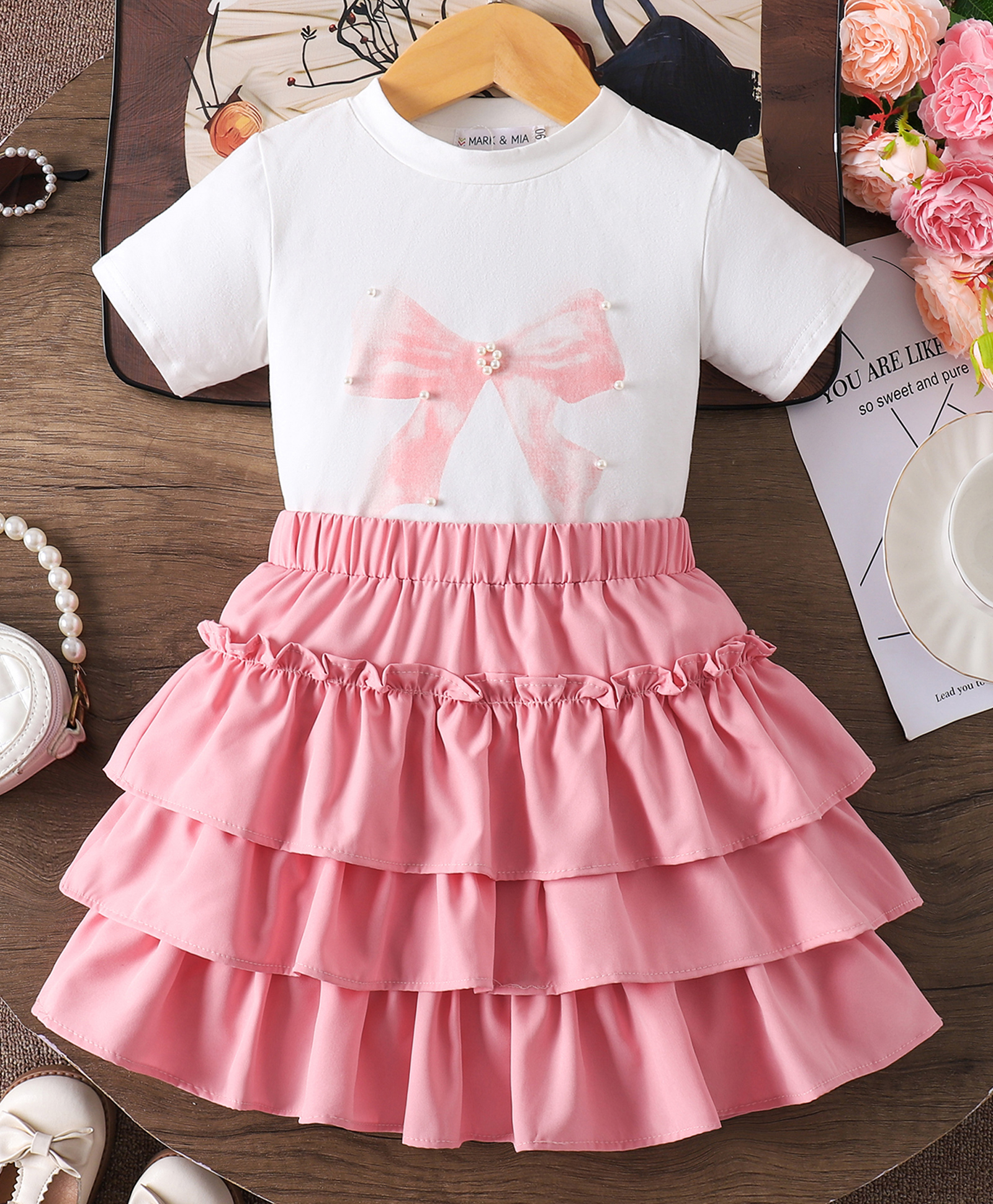 Mark & Mia Cotton Half Sleeves Top & Layered Skirt Set with Bow Print & Pearl Detailing - Pink & White