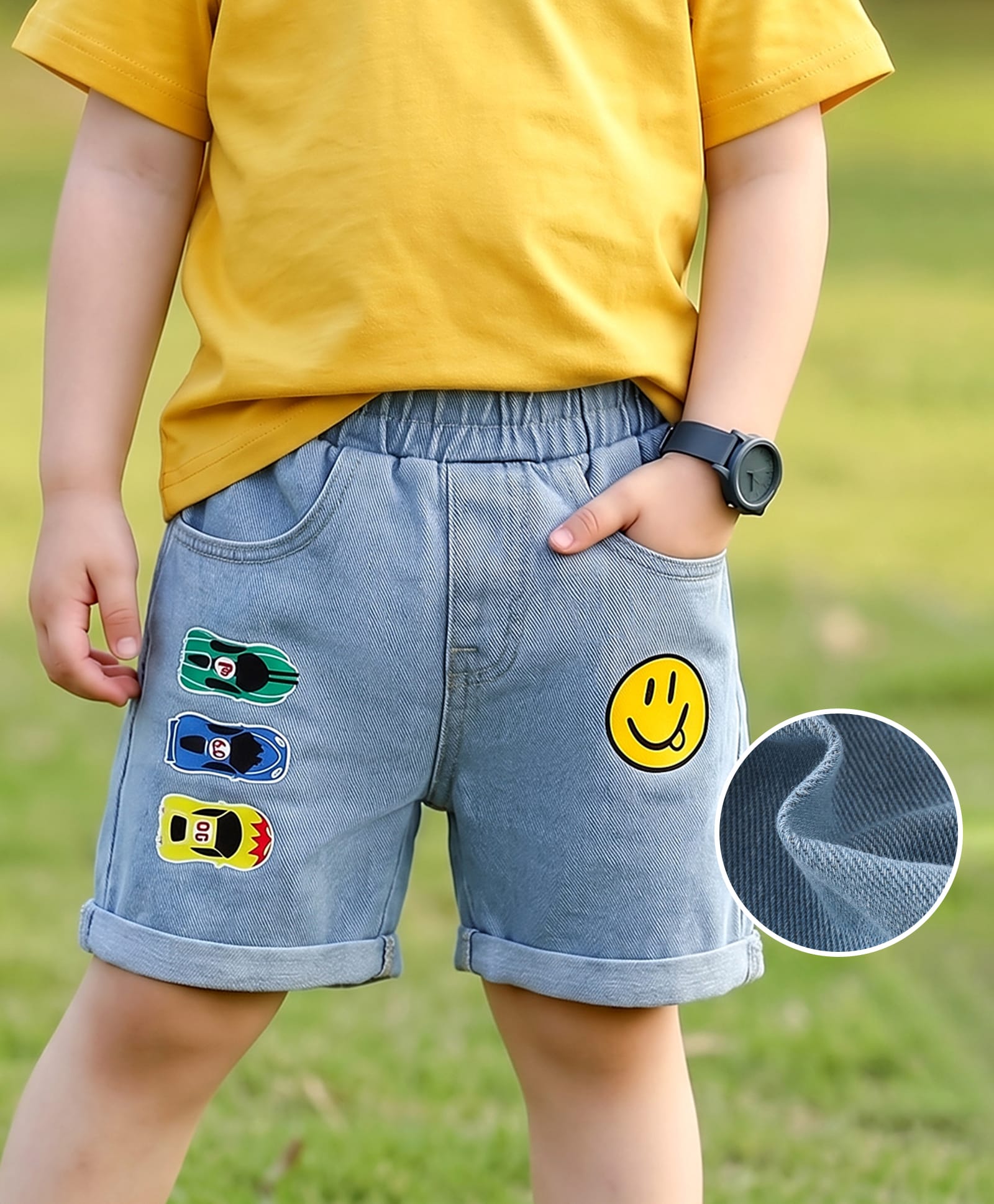 Mark & Mia Cotton Washed Shorts With Smile & Vehicles Print -Light Blue-picture-26