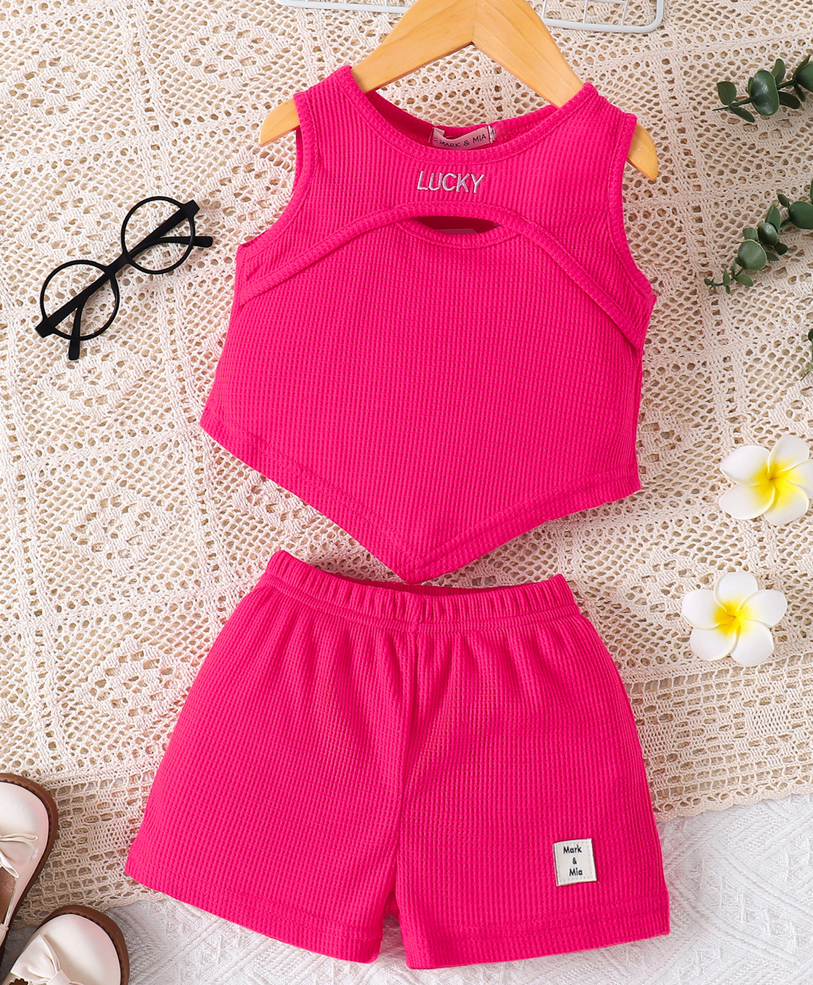 Mark & Mia Cotton Sleeveless Top & Shorts Set with Lucky Embroidery - Fuchsia-image-15