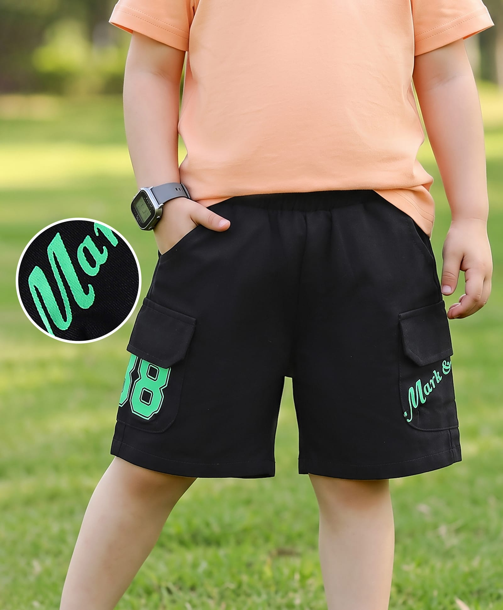Mark & Mia 100% Cotton Shorts With Cargo Pockets & Text Print - Black-picture-28