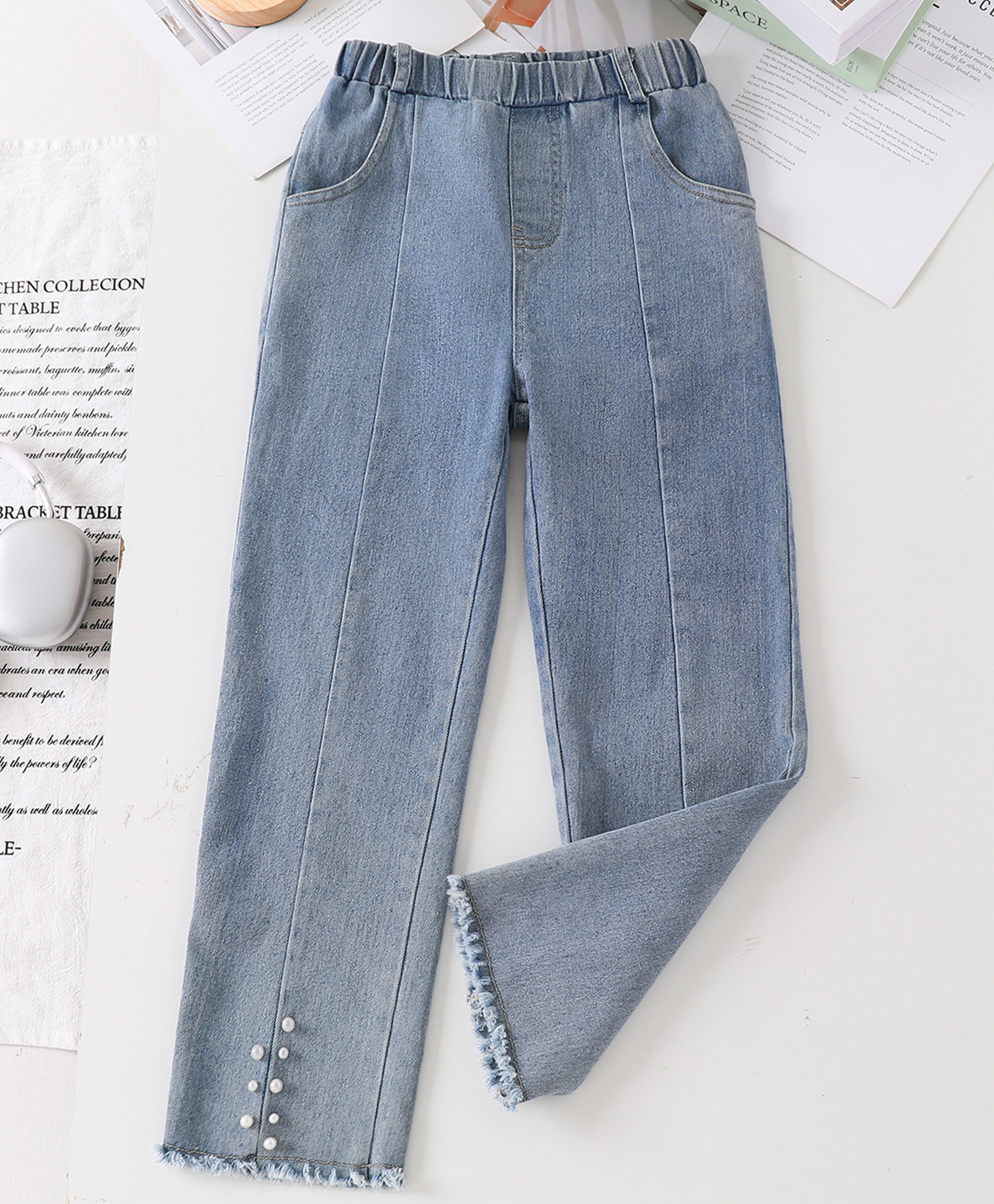 Mark & Mia Cotton Full Length Cut N Sew Jeans Pearl Embellishment - Light Blue-picture-12