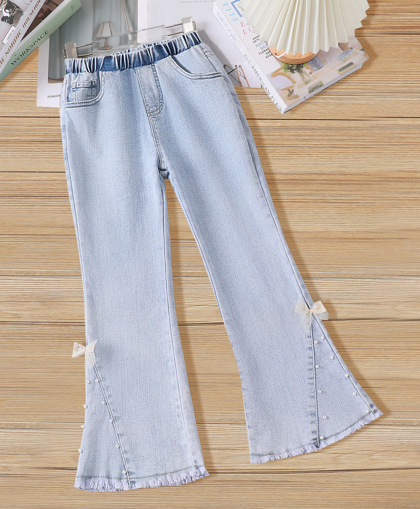 Mark & Mia Full Length Cut N Sew Jeans With Pearl Embellishment & Bow Applique - Light Blue-picture-13
