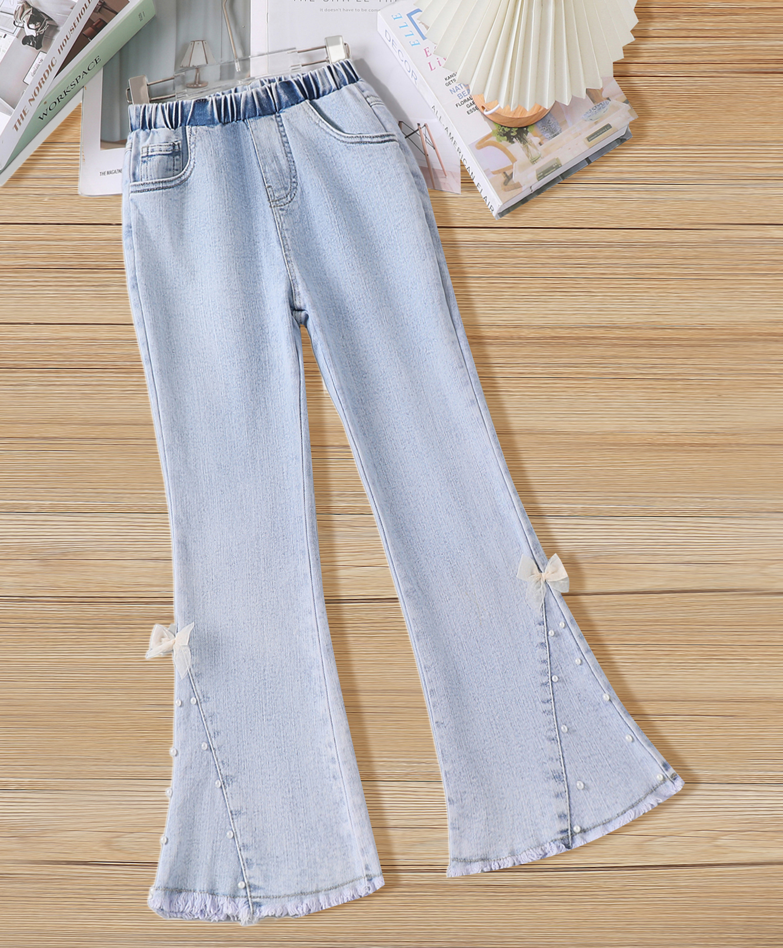Mark & Mia Cotton Full Length Cut N Sew Jeans With Pearl Embellishment & Bow Applique - Light Blue-picture-15