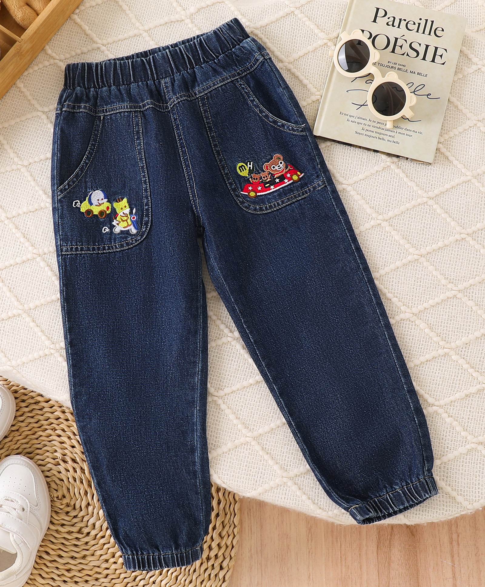 Mark & Mia Cotton Washed Jeans With Animal & Vehicles Embroidered Jeans - Navy Blue-picture-17
