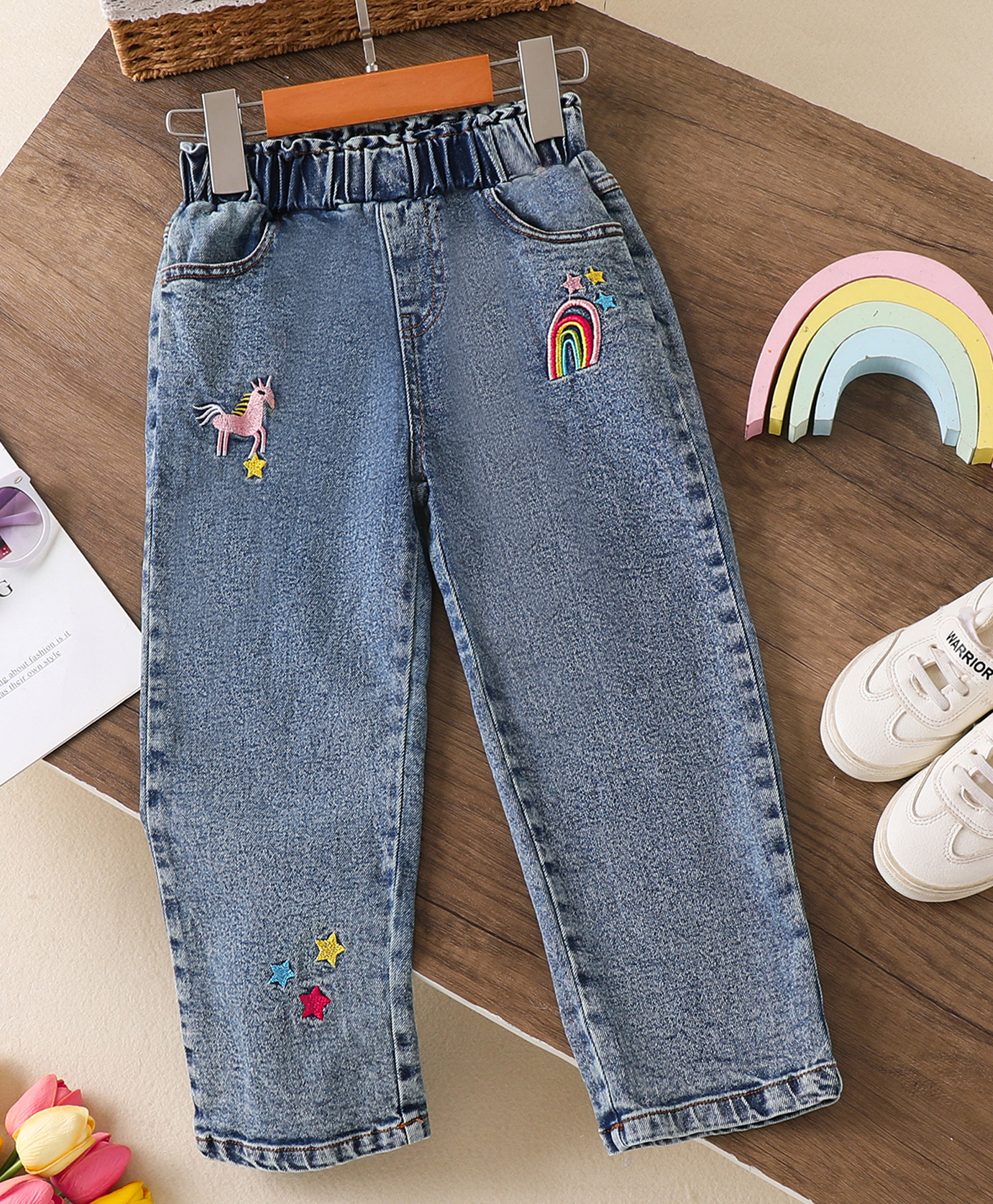 Mark & Mia Cotton Full Length Washed Jeans With Unicorn Theme Embroidery - Light Blue-picture-21