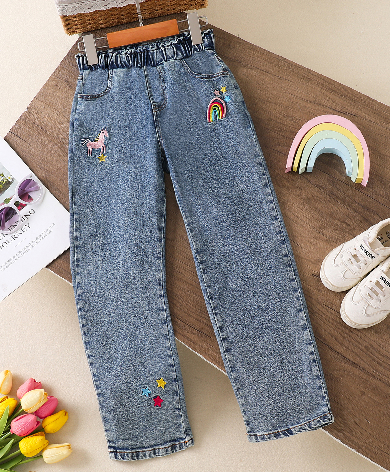 Mark & Mia Cotton Full Length Washed Jeans With Unicorn Theme Embroidery - Light Blue