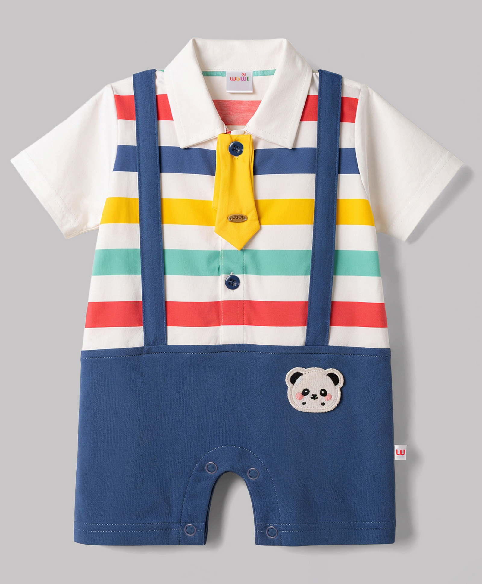 WOW Clothes 100% Cotton Knit Half Sleeves Striped Romper With Bear Patch & Tie - Navy Blue-image-26