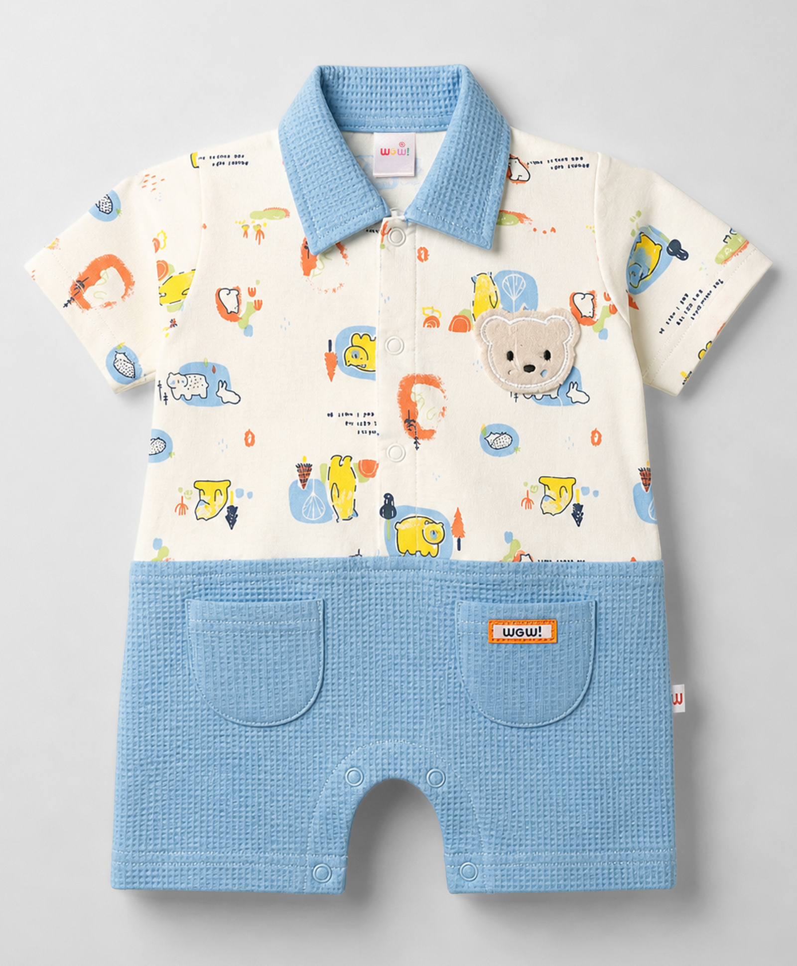 WOW Clothes Sinker Knit Half Sleeves Romper with Bear Print & Patch - Blue-image-31