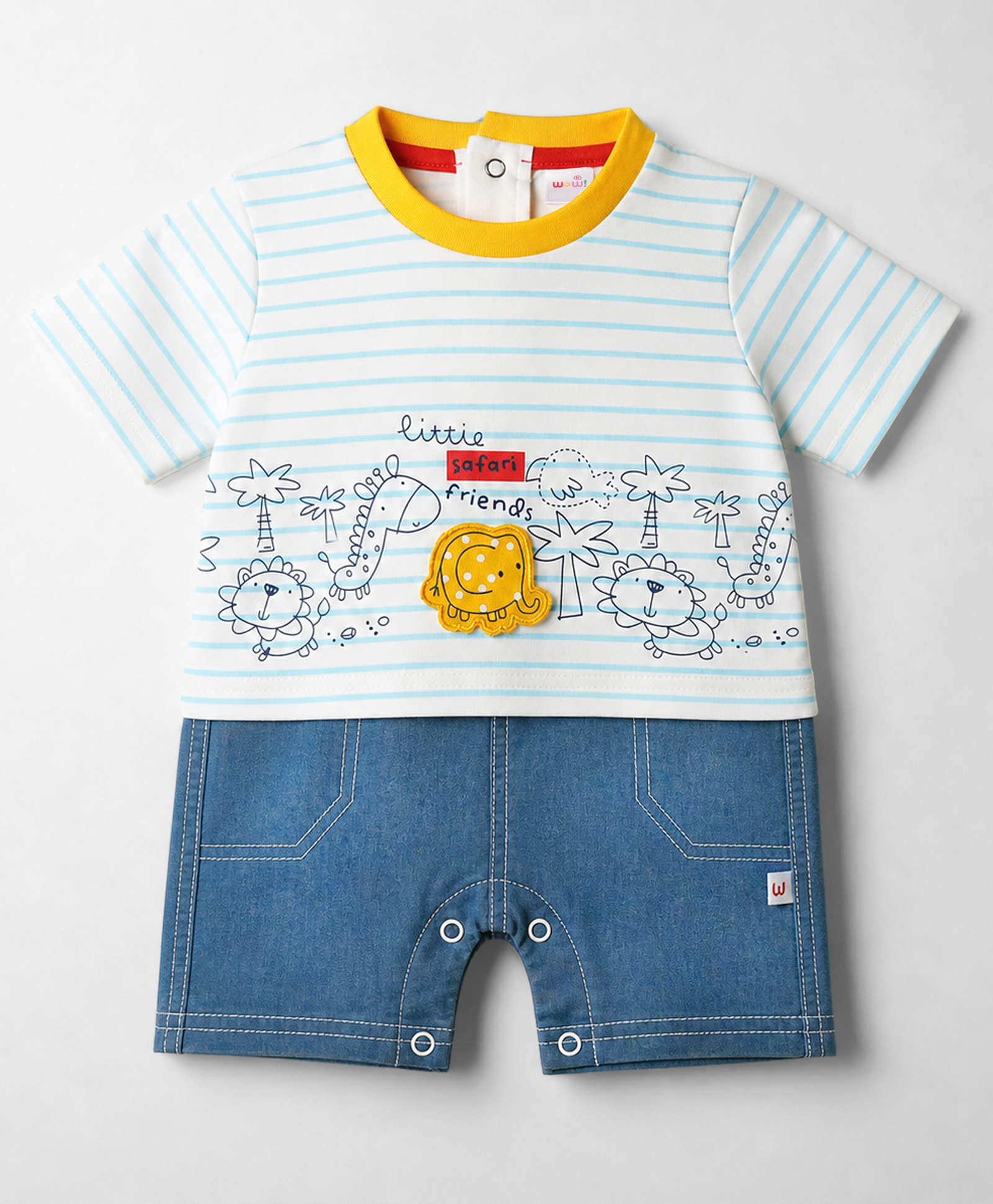 WOW Clothes Sinker Knit Half Sleeves Romper with Animal Print & Patch - Navy Blue-image-45