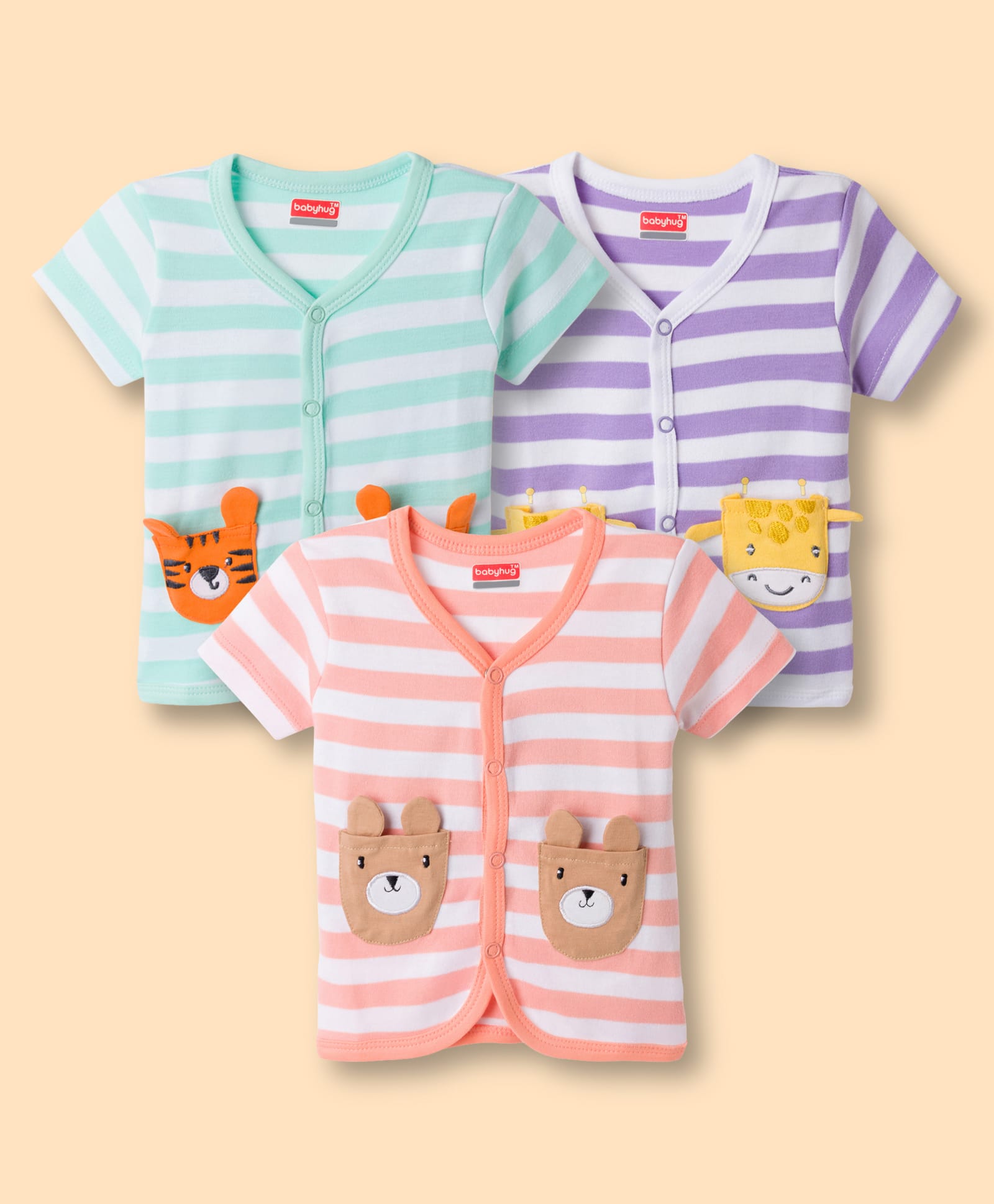 Babyhug 100% Cotton Interlock Knit Half Sleeves Antibacterial Striped Jhablas with Animal Applique Pack of 3 -Multicolor-picture-21