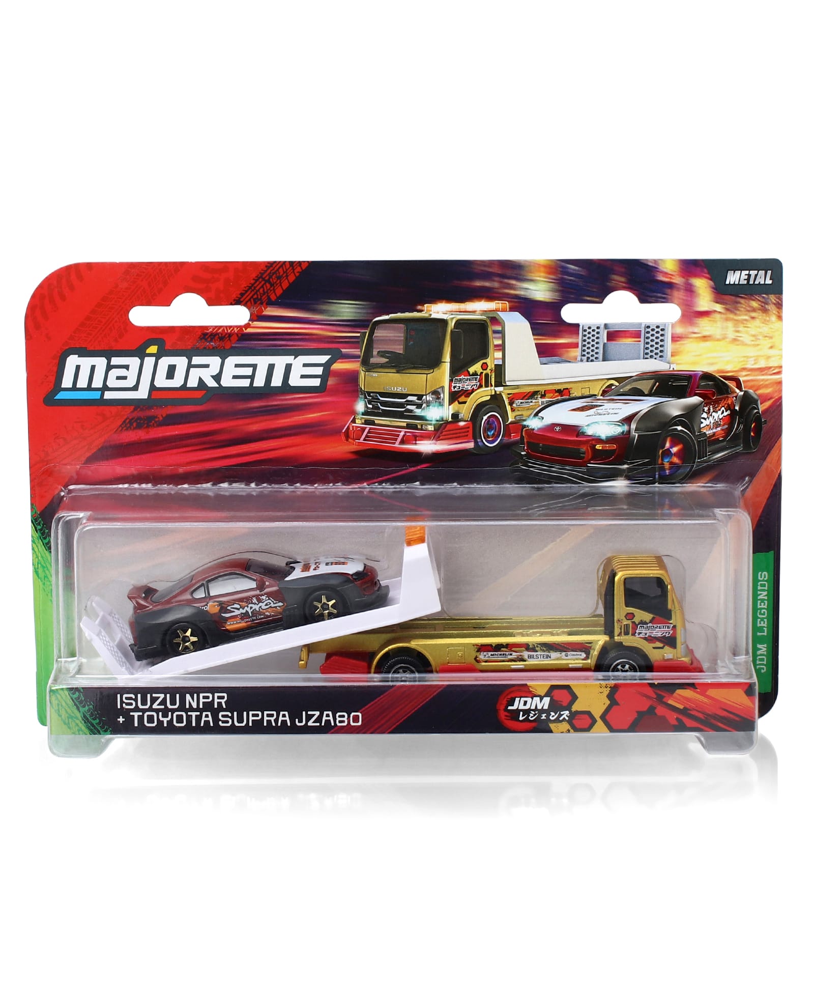 Majorette Isuzu NPR Toyota Supra Uza80 JDM Legends Tuning Transporter - Golden & Red-image-1