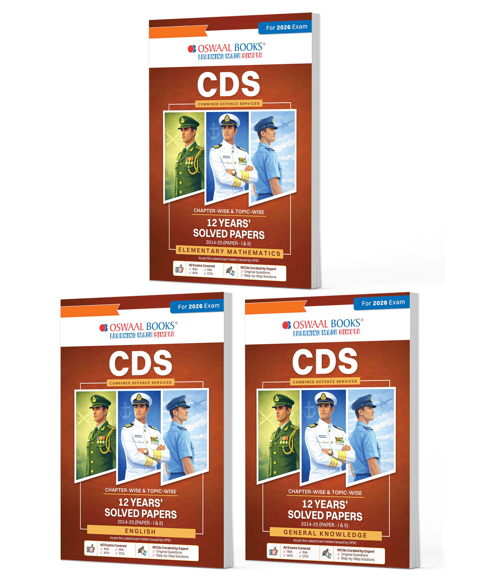 OSWAAL BOOKS CDS (Combined Defence Services) Chapter-wise & Topic-wise 12 Years' Solved Papers (2014-2025) (II) Elementary Mathematics, English & GK (Set of 3 Books) For 2026 Exam-image-1