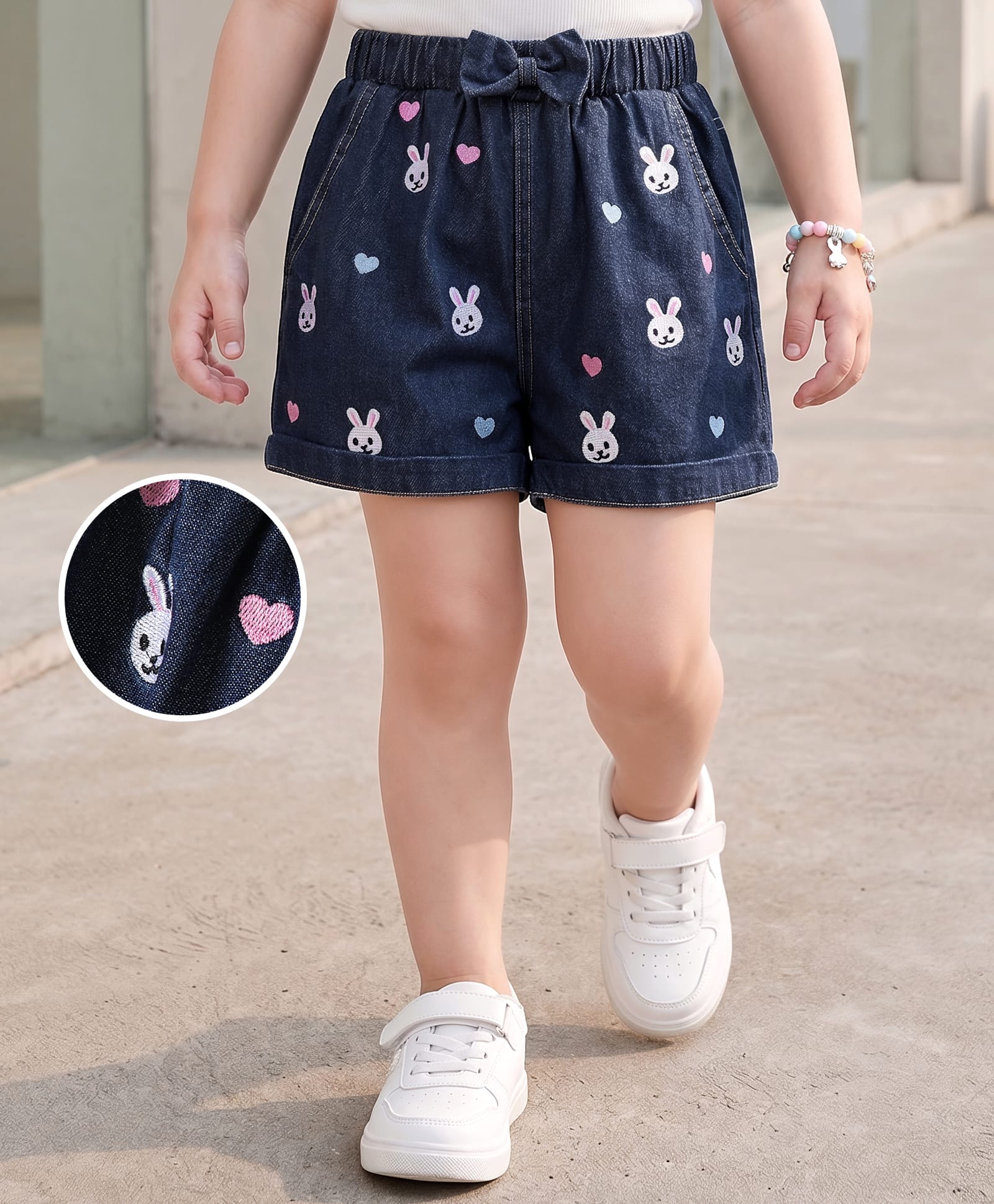 Mark & Mia Shorts with Bunny Embroidery & Bow Applique - Navy Blue-image-4