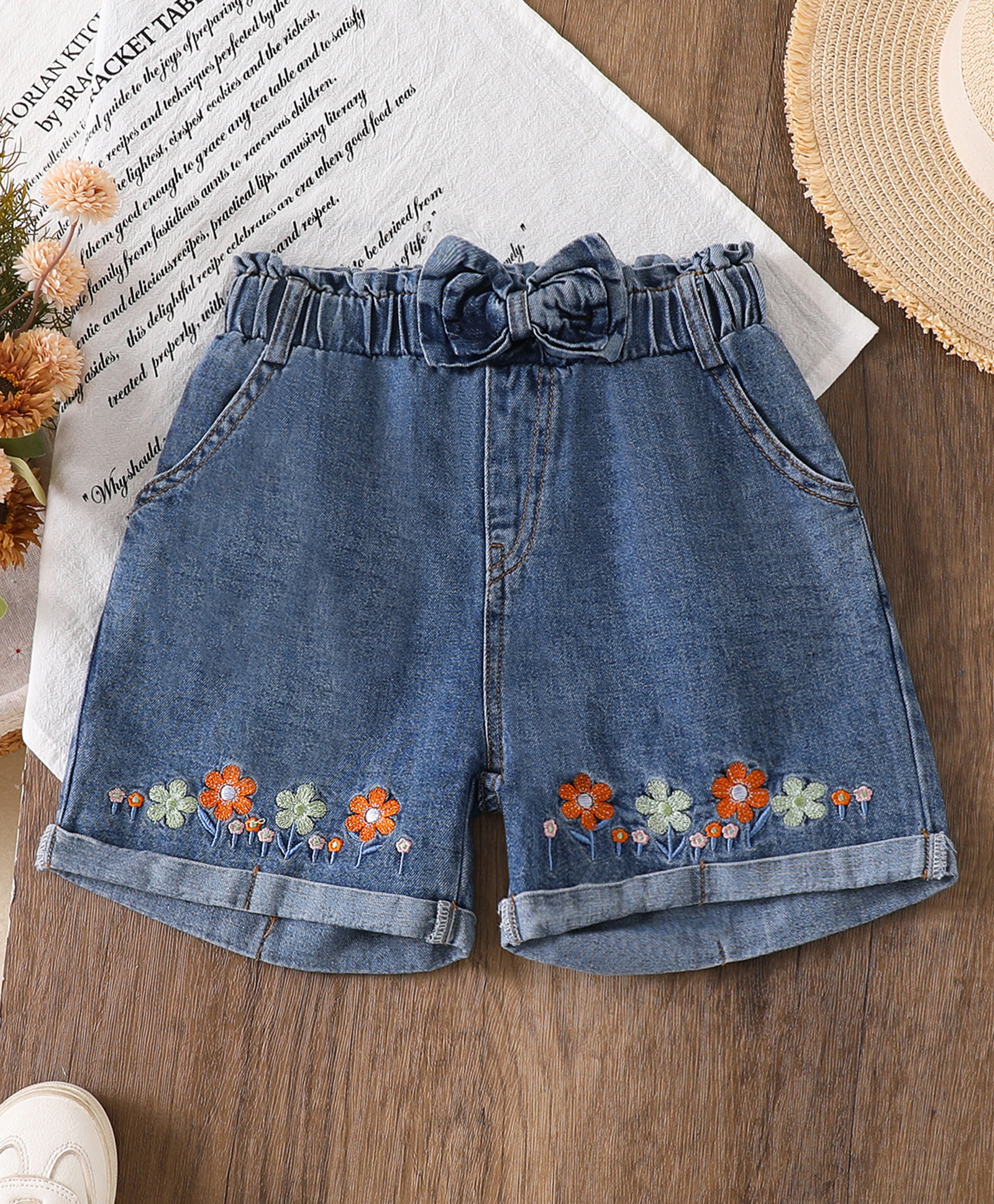 Mark & Mia Shorts with Floral Embroidery & Bow Applique - Blue-picture-28