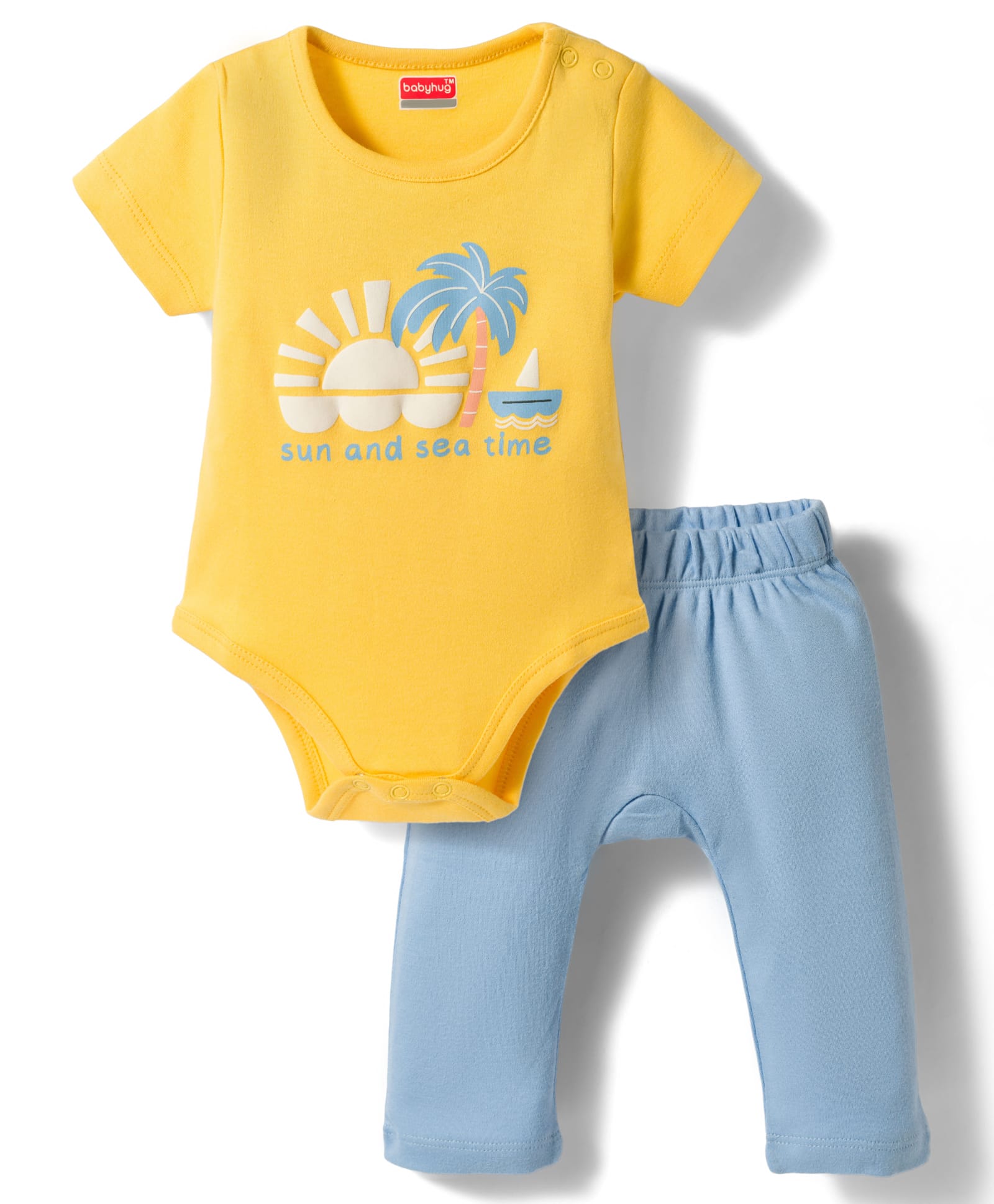 Babyhug 100% Cotton Knit Half Sleeves Onesie with Diaper Leggings & Beach Theme Print - Yellow & Light Blue-image-24
