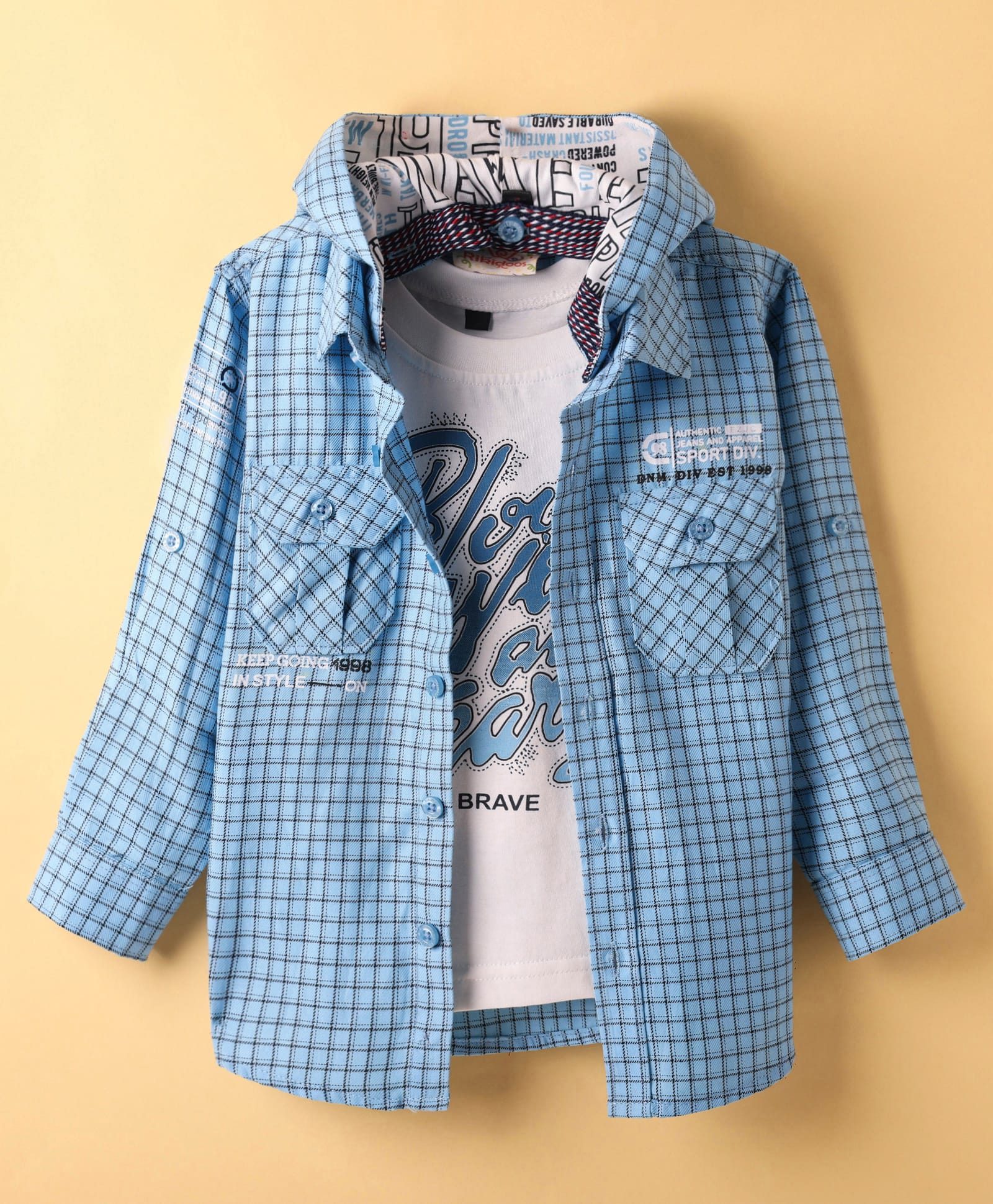 Rikidoos Cotton Woven Full Sleeves Checks Hooded Shirt With T-Shirt With Text Print - Light Blue & White-image-12