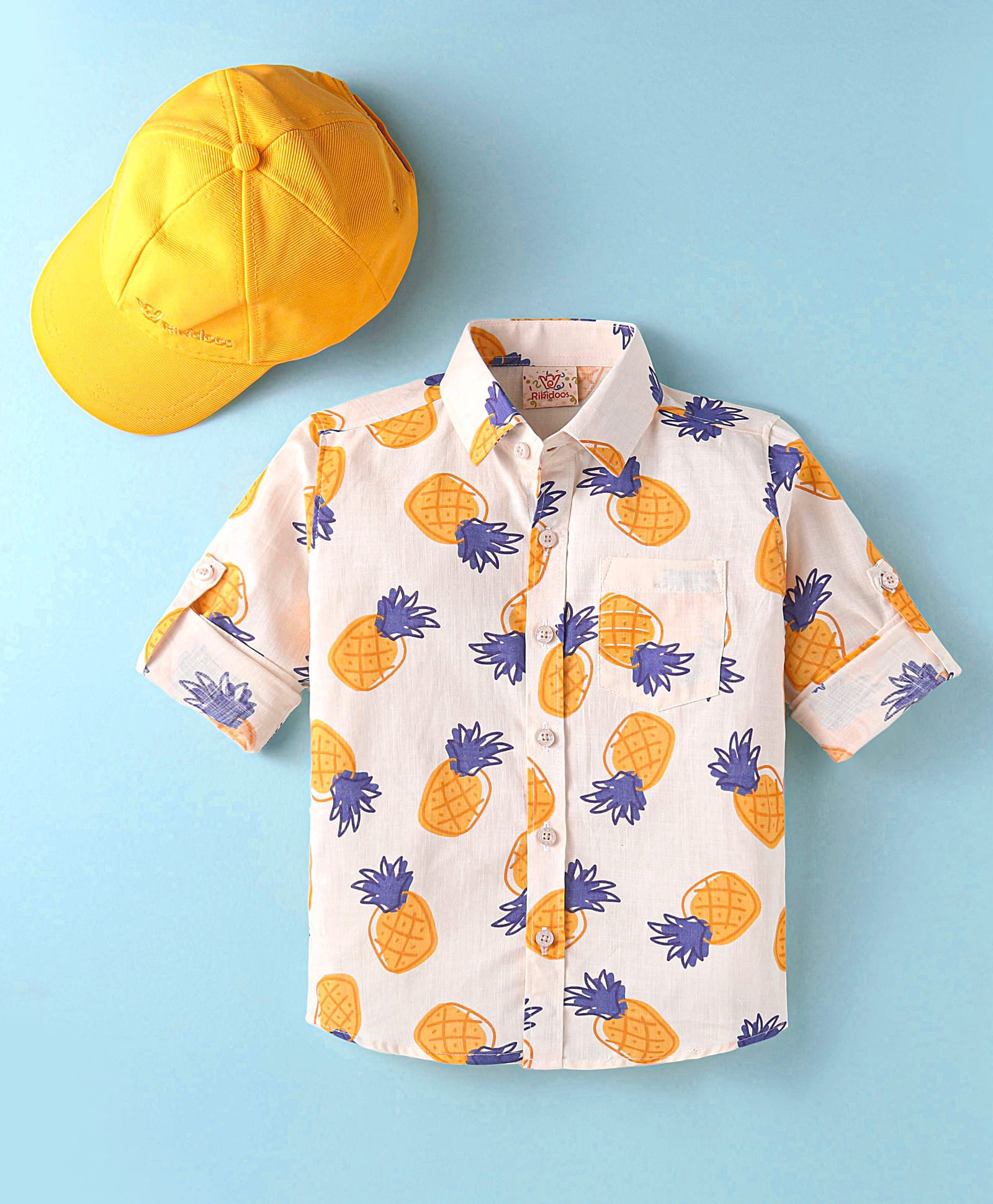 Rikidoos Cotton Woven Full Sleeves Shirt With Pineapple Print & Cap - Cream-picture-13