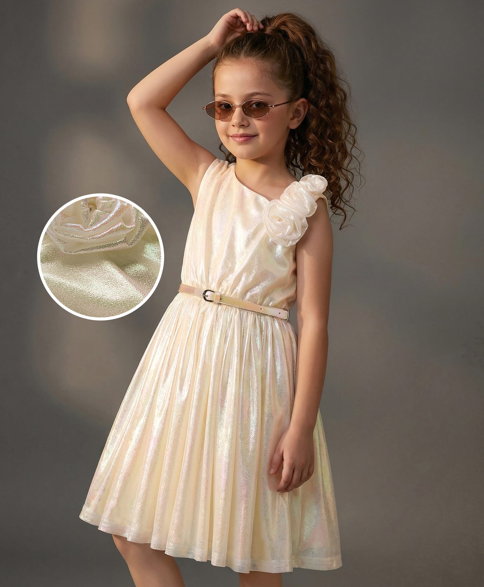 Hola Bonita Knit Sleeveless Shimmer Party Dress with Belt & Floral Applique - Off White-image-10