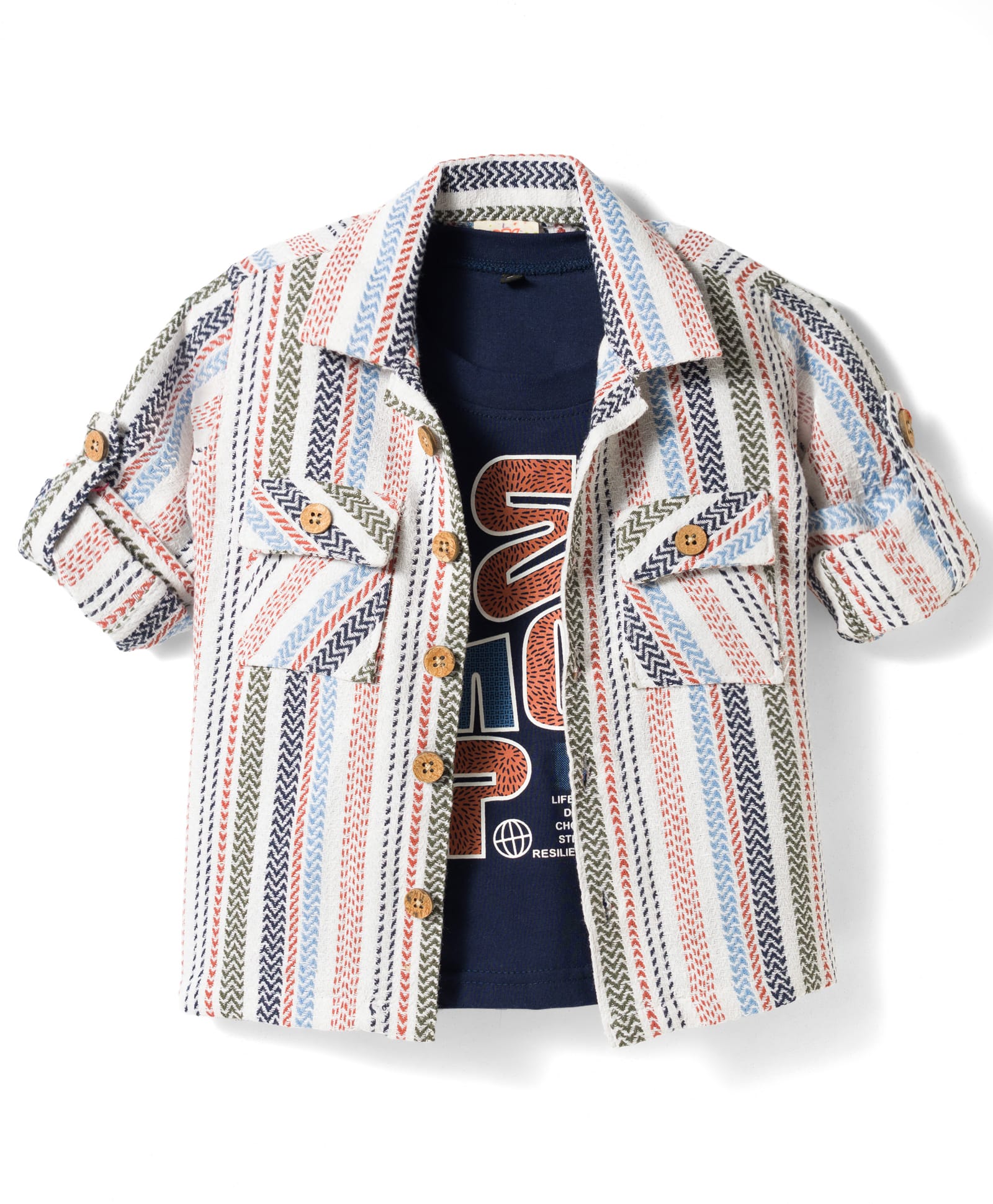 Rikidoos Cotton Woven Full Sleeves Striped Shirt with Text Printed T-Shirt - Navy Blue & White-image-30