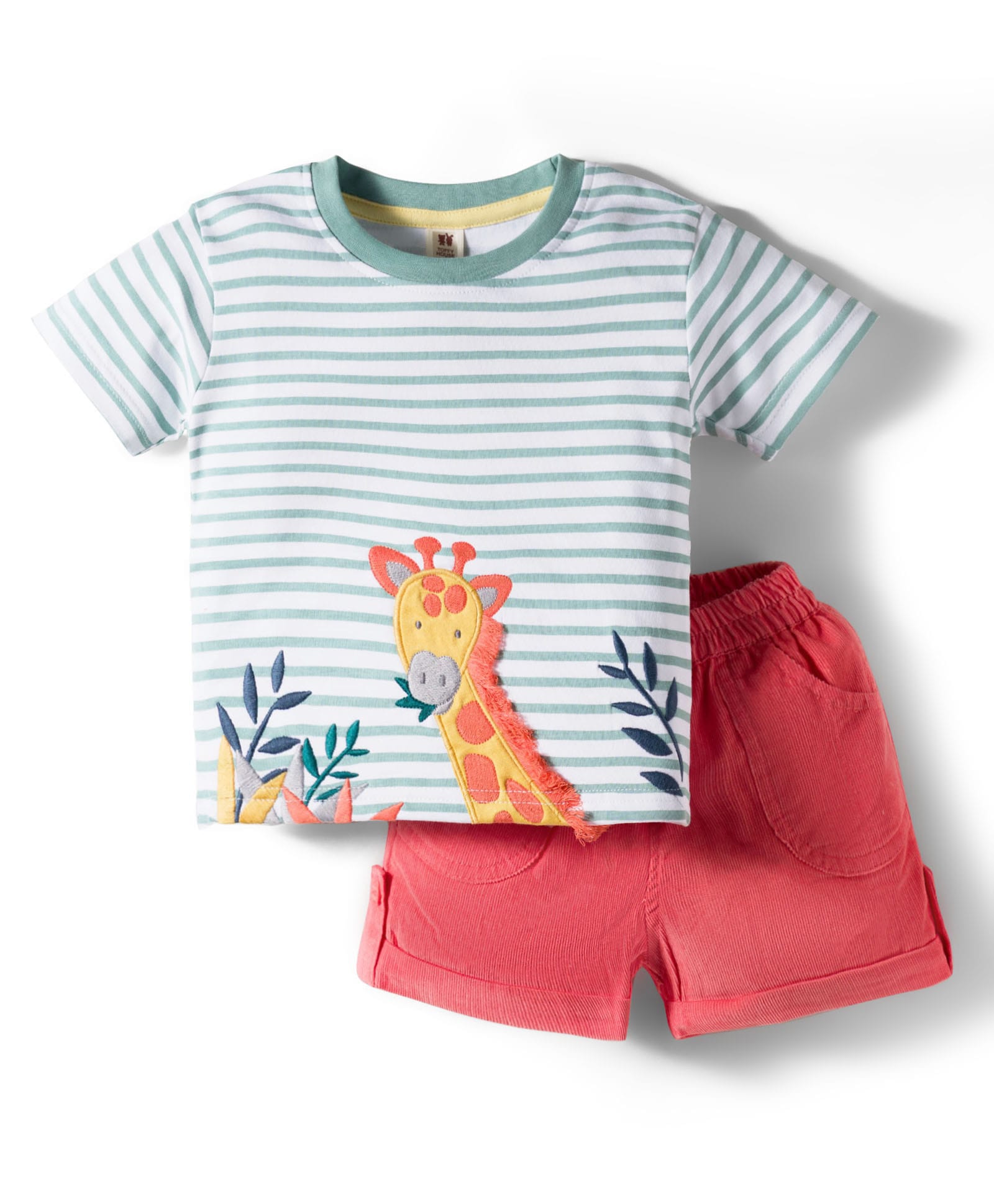 ToffyHouse Interlock Knit Half Sleeves Striped T-Shirt with Giraffe Embroidery & Shorts Set - Red-picture-5
