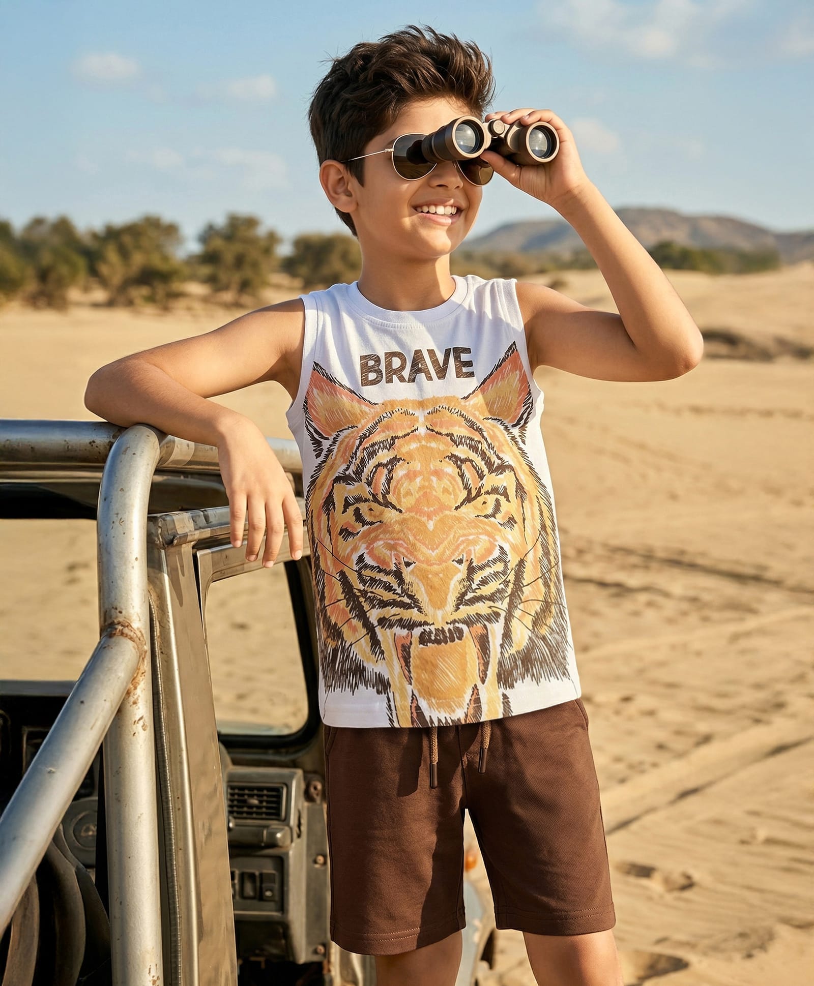 OLLINGTON ST. Cotton Knit Sleeveless T-Shirt with Tiger Print & Shorts Set - White & Brown-image-12