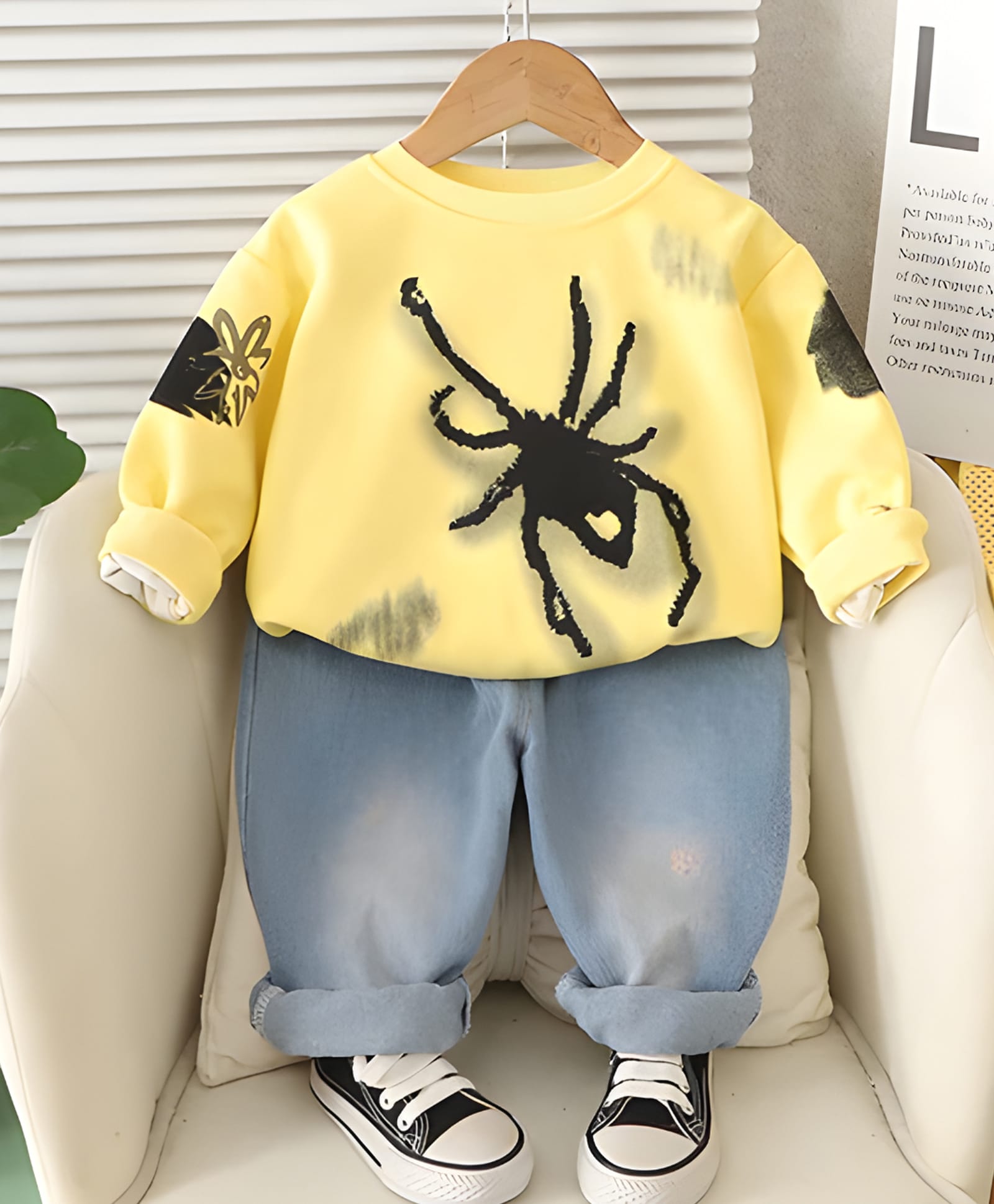 Googo Gaaga Cotton Knit Full Sleeves Spider Printed Light Winter Sweatshirt & Joggers Set - Yellow