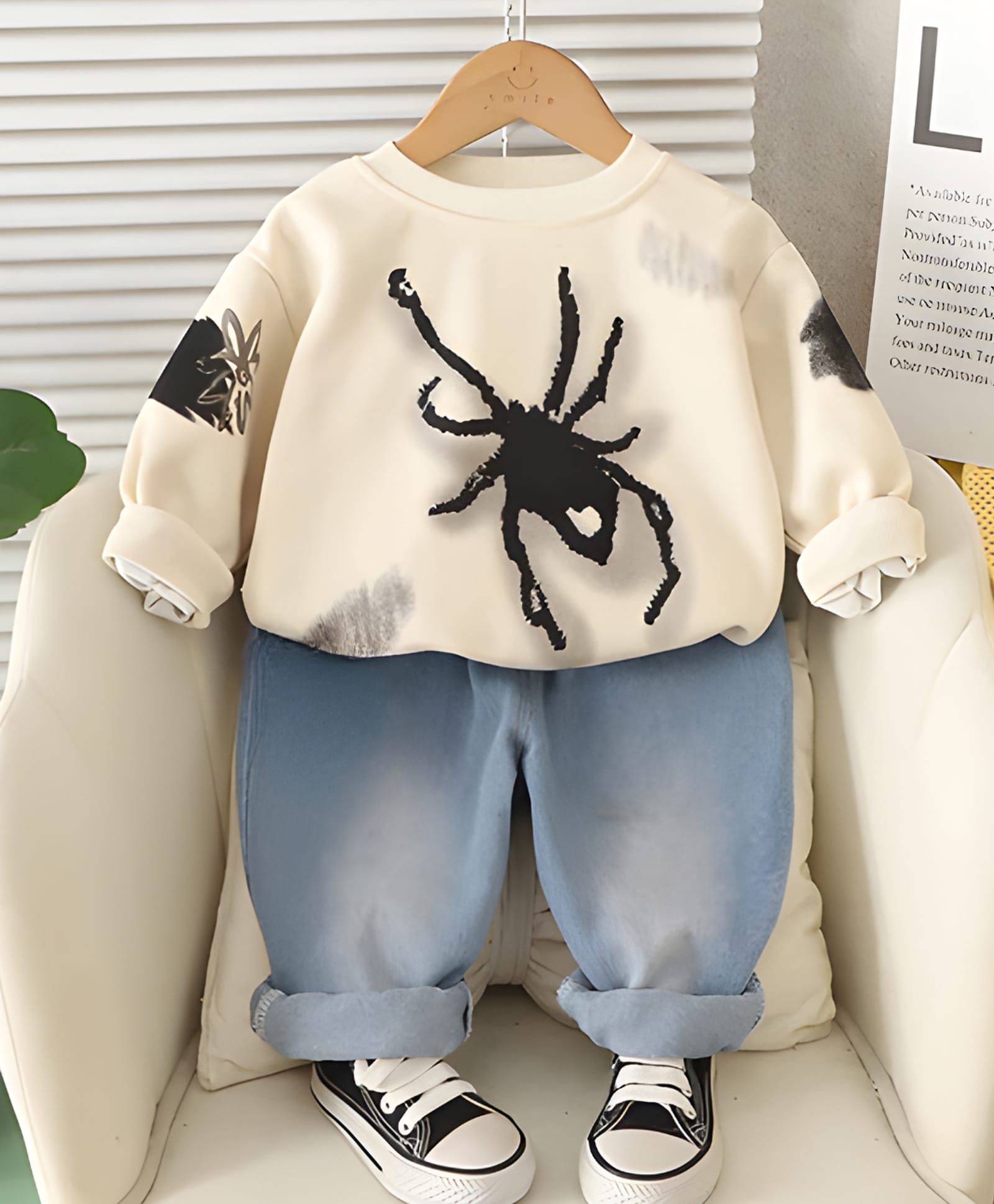 Googo Gaaga Cotton Knit Full Sleeves Spider Printed Light Winter Sweatshirt & Joggers Set - Cream