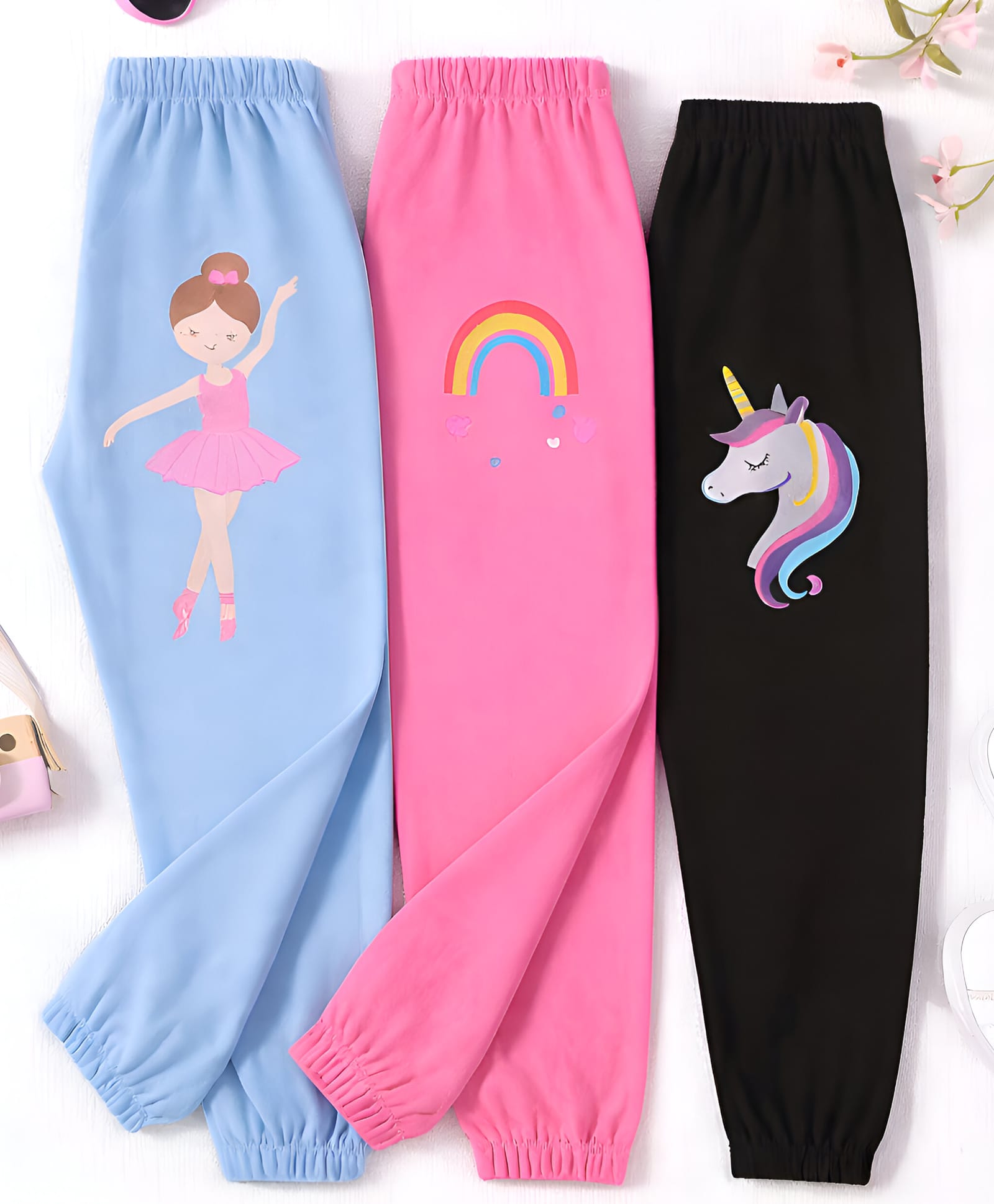 Googo Gaaga Cotton Knit Pack Of 3 Girl Rainbow & Unicorn Printed Joggers - Blue Dark Pink & Black-image-28