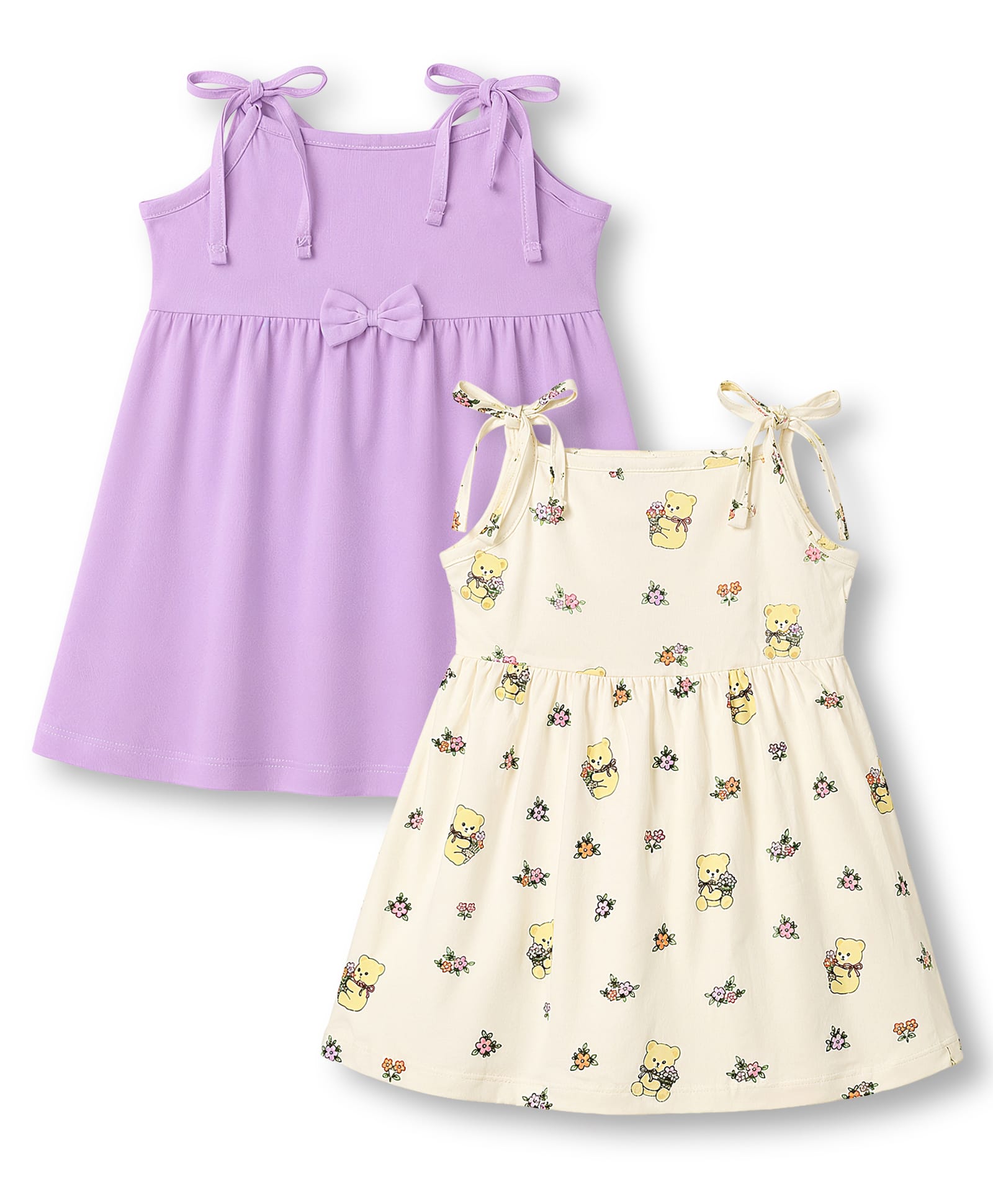 Babyhug 100% Cotton Knit Sleeveless Floral & Bear Printed Frocks With Bow Applique Pack of 2 - Multicolor-image-37