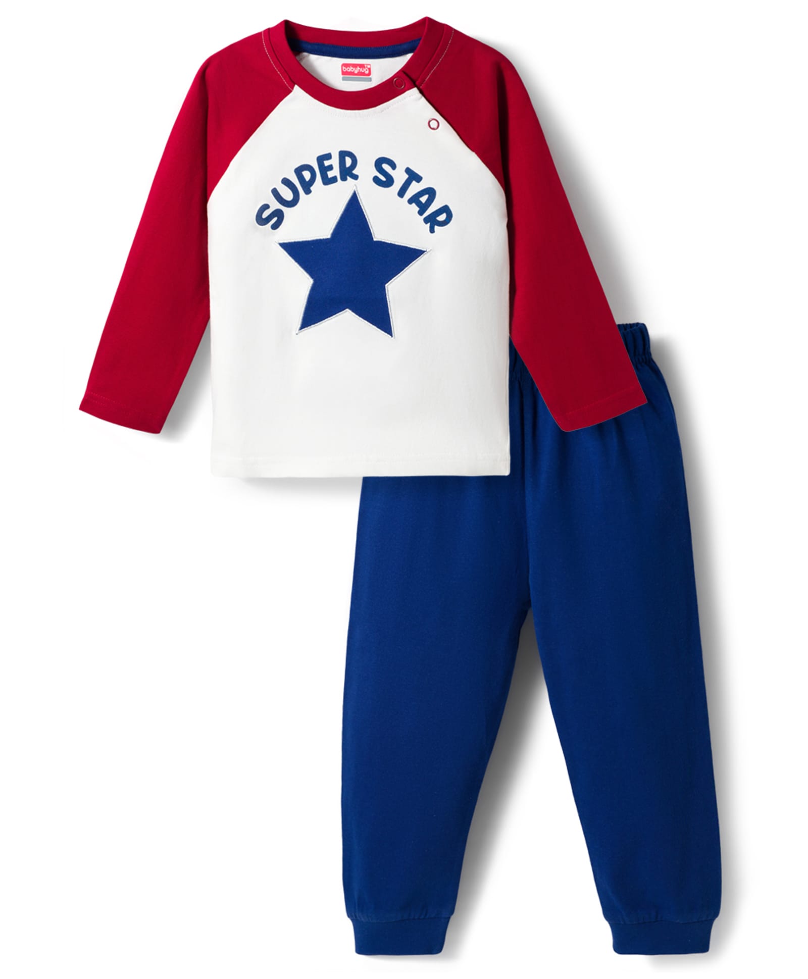 Babyhug Cotton Knit Full Raglan Sleeves T-Shirt & Pyjama Night Suit With Super Star Print - White-picture-18