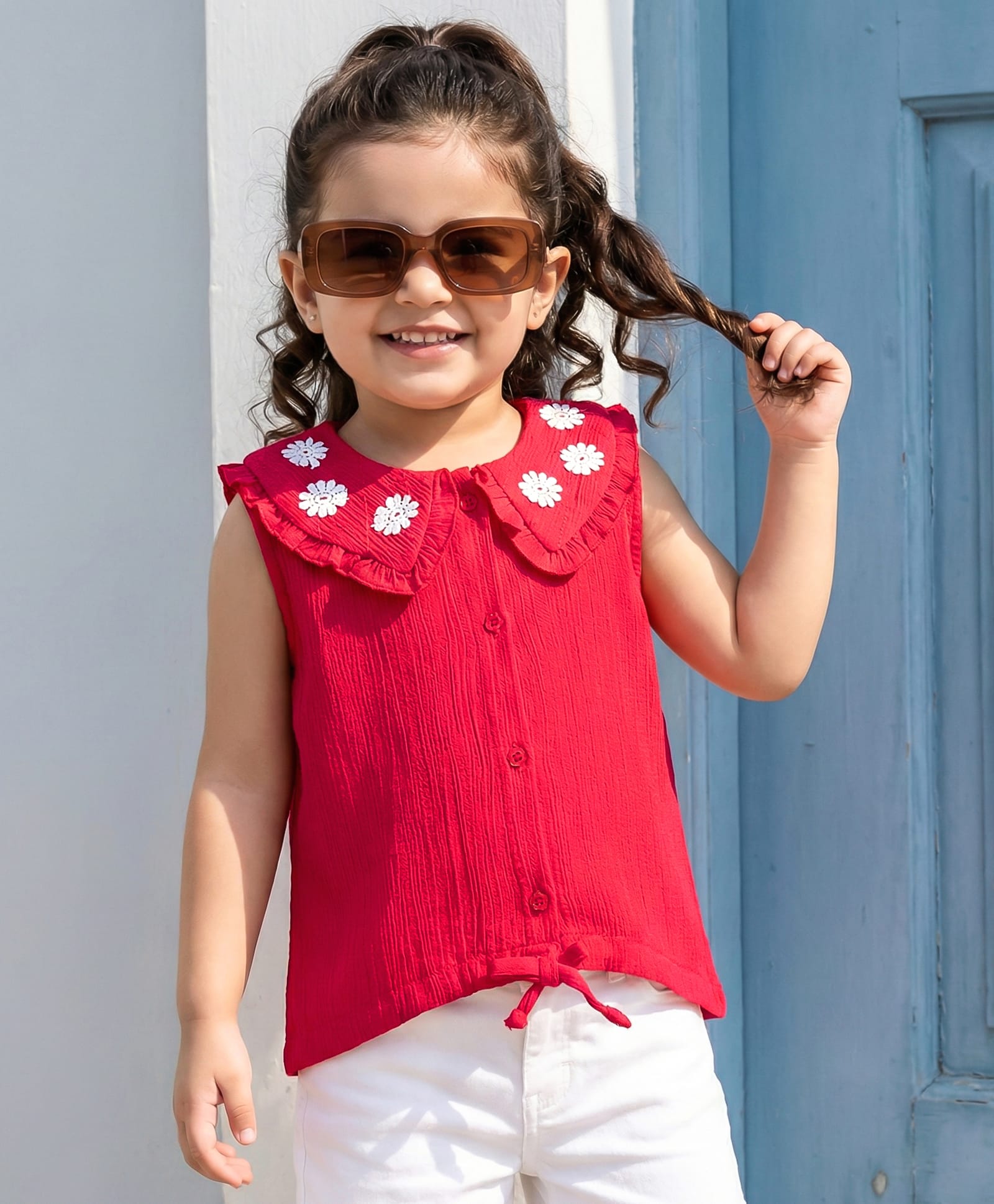 Babyhug Cotton Crepe Woven Sleeveless Top with Floral Embroidery Detailing - Red