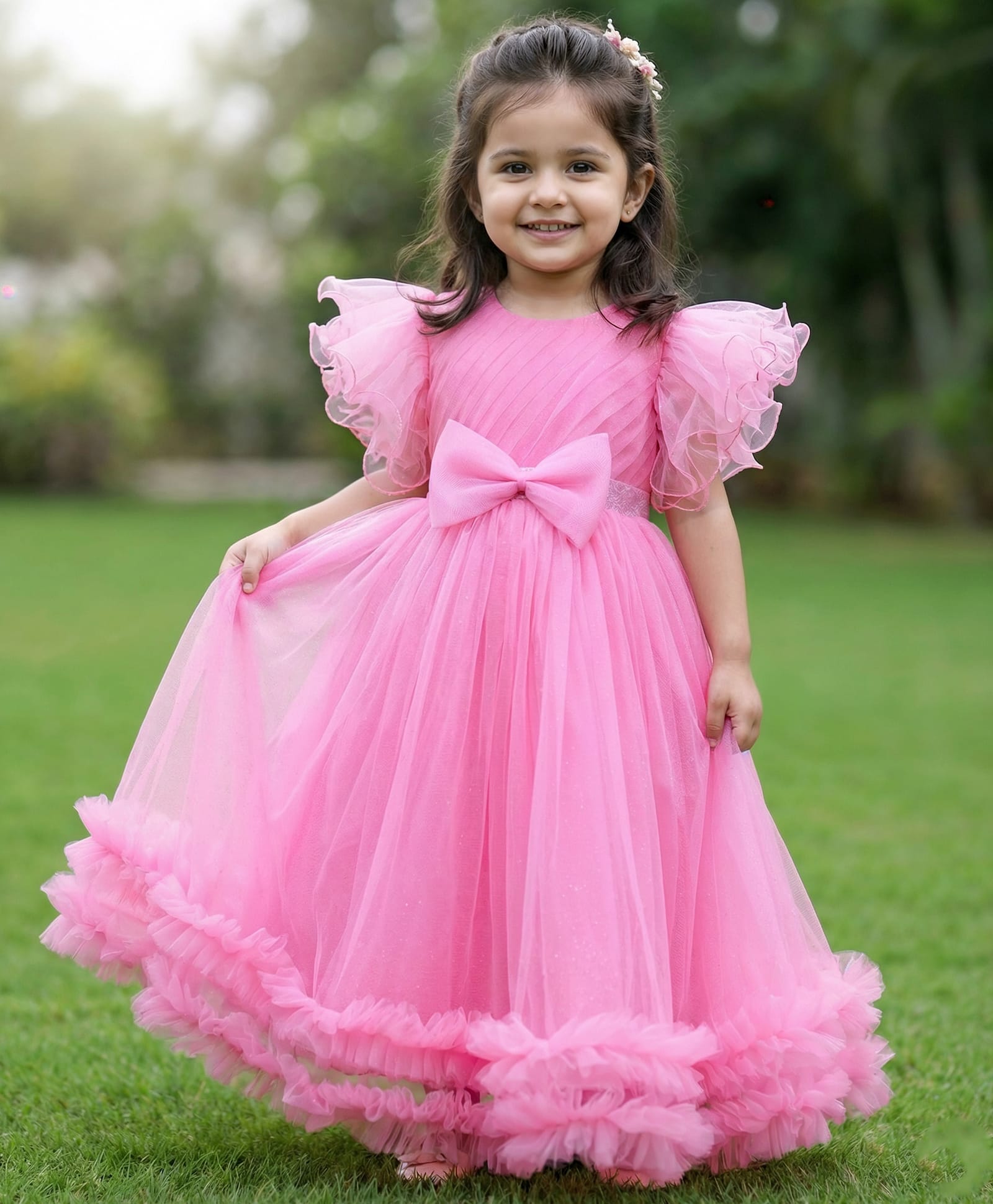 Babyhug Woven Frill Sleeves 5 Layer Party Gown with Sequin Detailing & Bow Applique - Light Pink