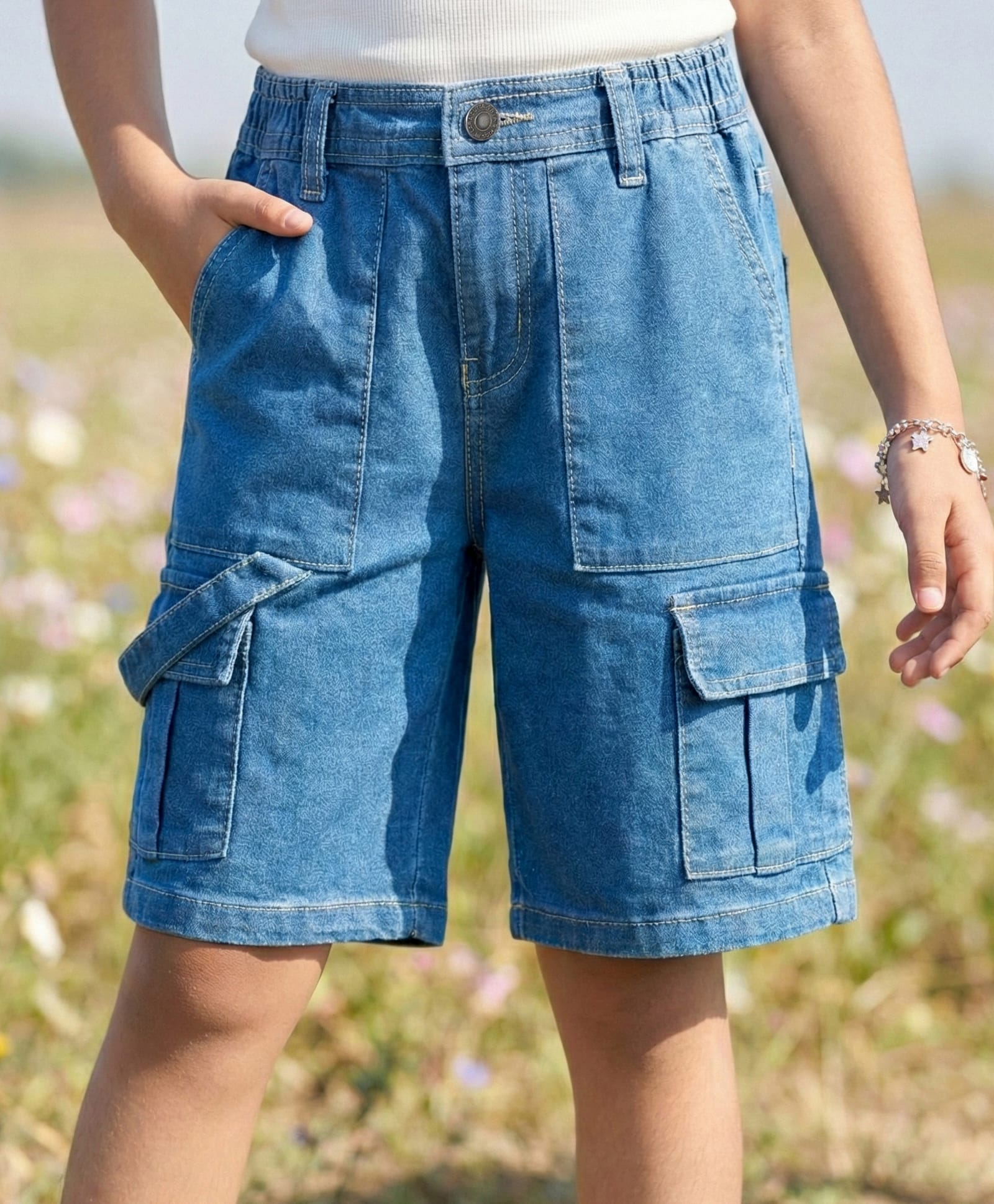 arias by lara dutta Arias Cotton Woven Washed Shorts With Stretch & Cargo Pockets - Blue-picture-17