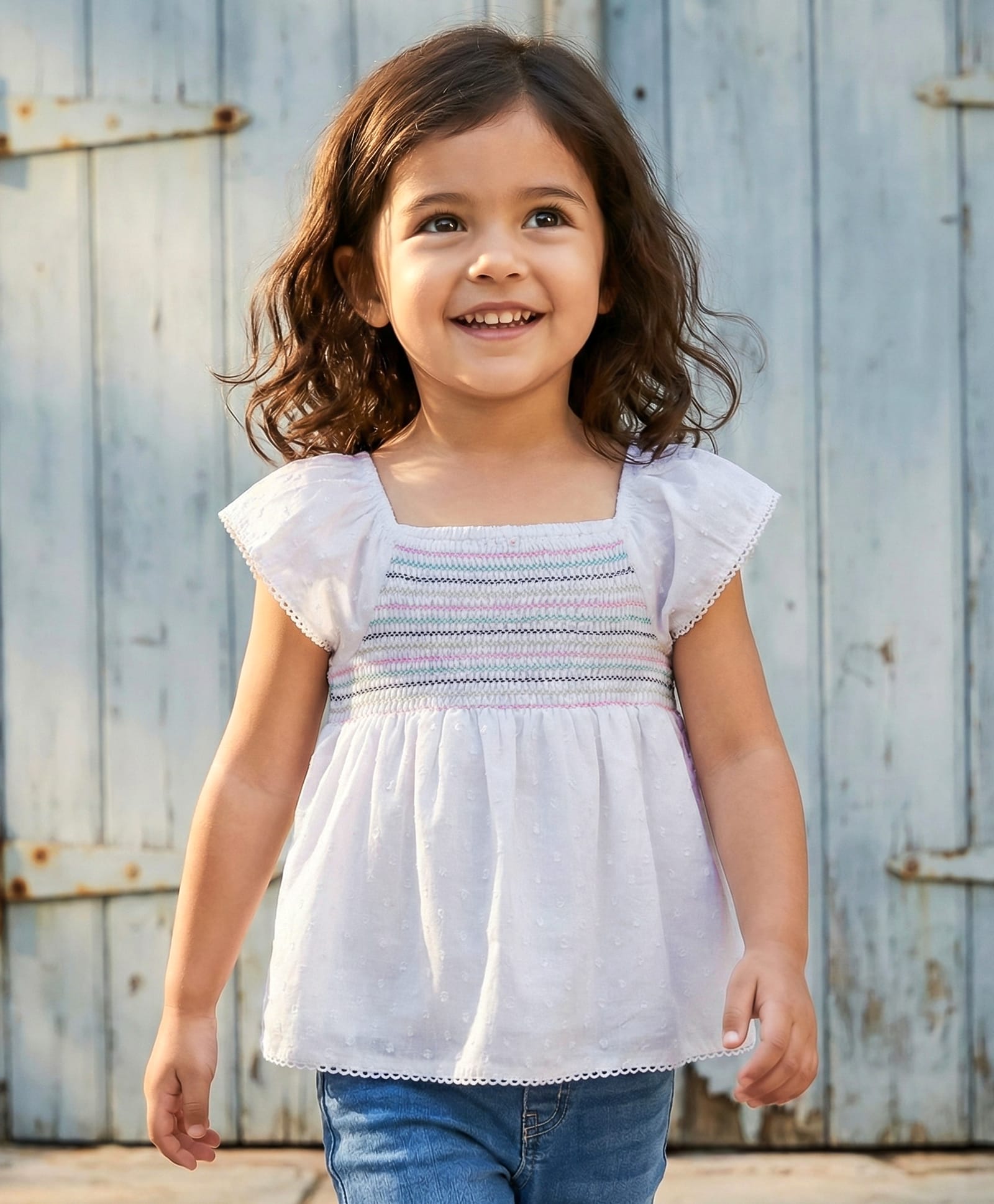 Babyhug Cotton Woven Swiss Dot Sleeveless Top with Smocking Detailing - White-image-30