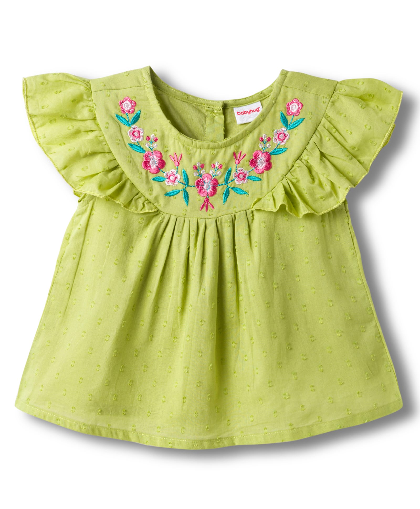Babyhug Cotton Swiss Dot Woven Half Sleeves Floral Embroidered Top - Olive Green