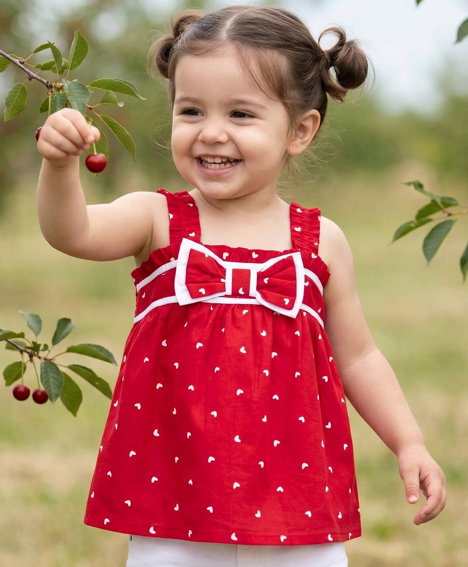 Babyhug Cotton Woven Sleeveless Heart Printed Top with Bow Applique - Red-image-9